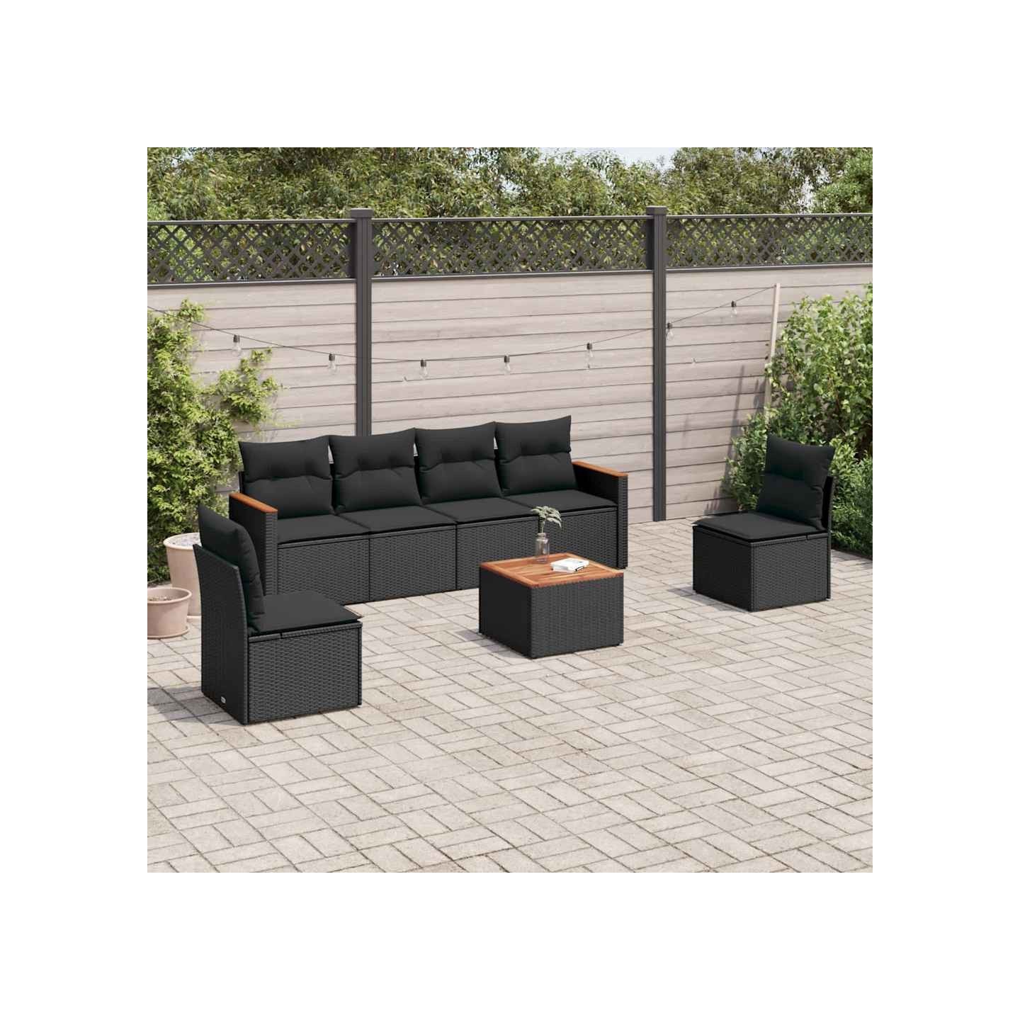 Salon de jardin 7 pcs avec coussins noir résine tressée