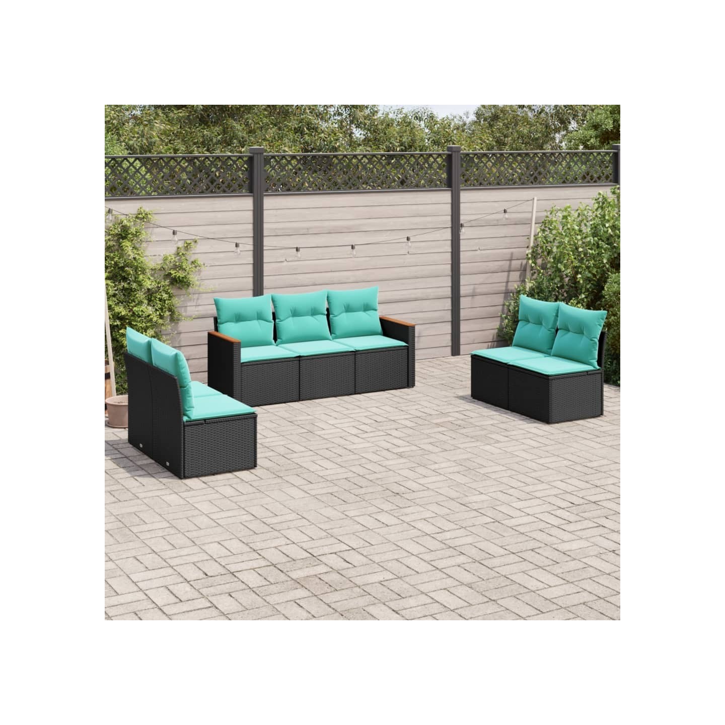 Salon de jardin 7 pcs avec coussins noir résine tressée