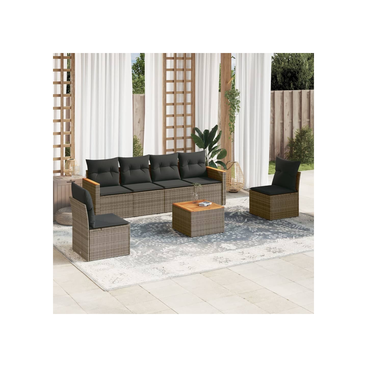 Salon de jardin avec coussins 7 pcs gris résine tressée