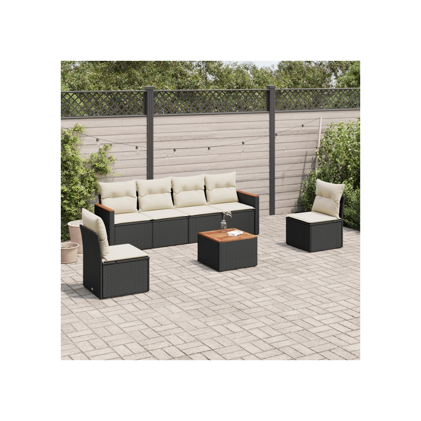 Salon de jardin 7 pcs avec coussins noir résine tressée