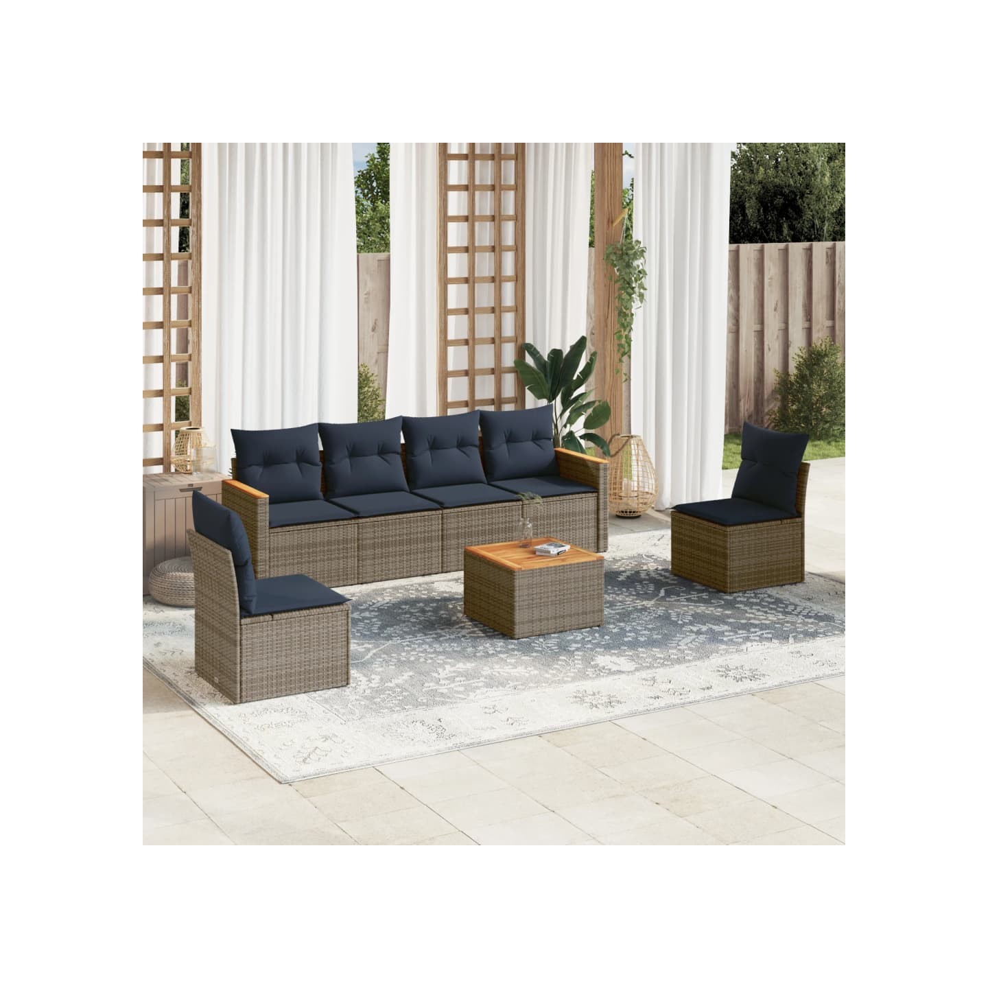 Ensemble de canapé de jardin 7 pcs avec coussins gris résine tressée