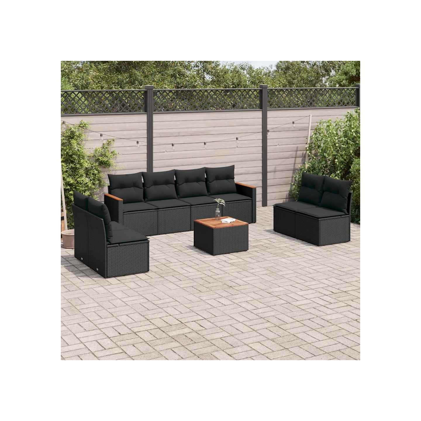 Salon de jardin 9 pcs avec coussins noir résine tressée
