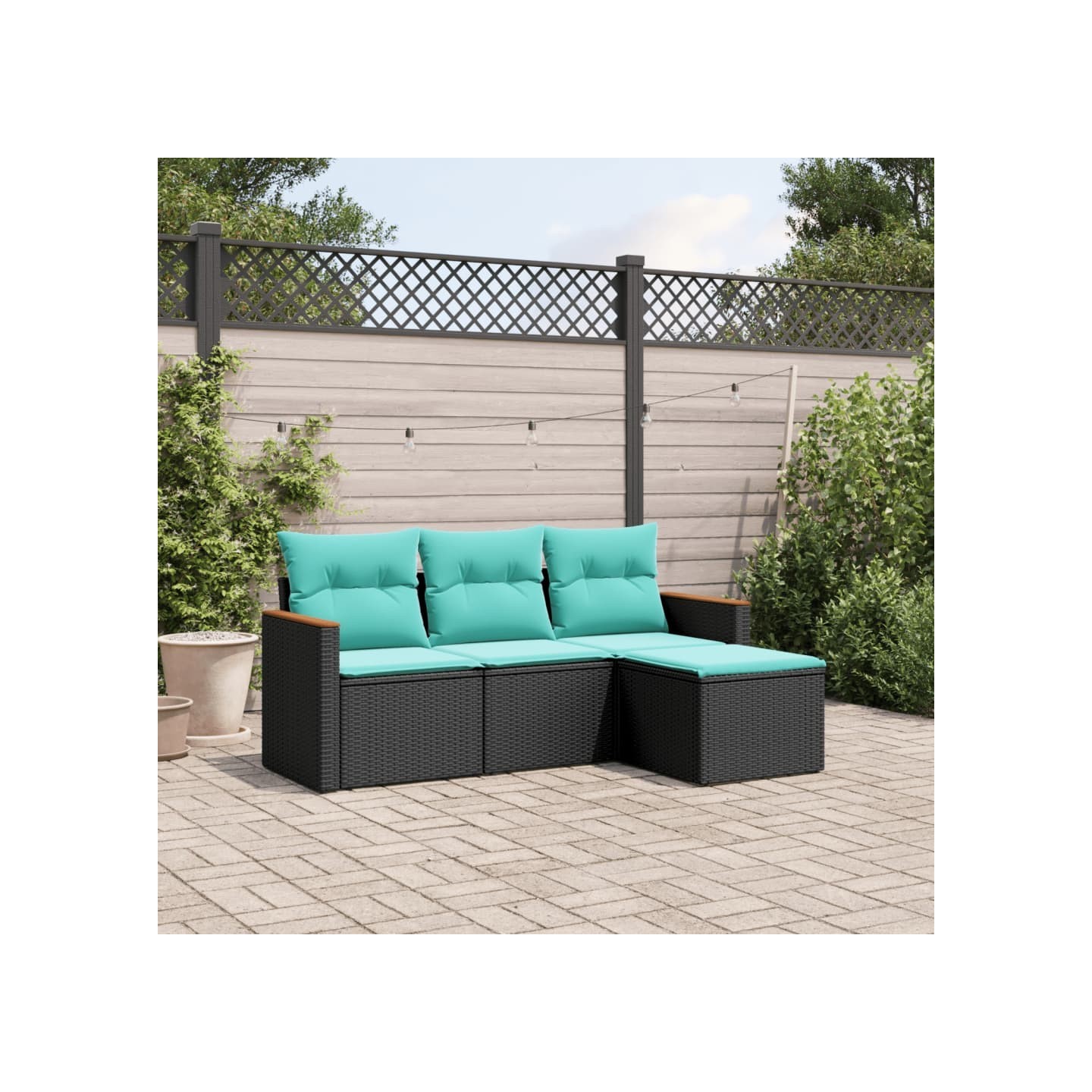 Salon de jardin 4 pcs avec coussins noir résine tressée