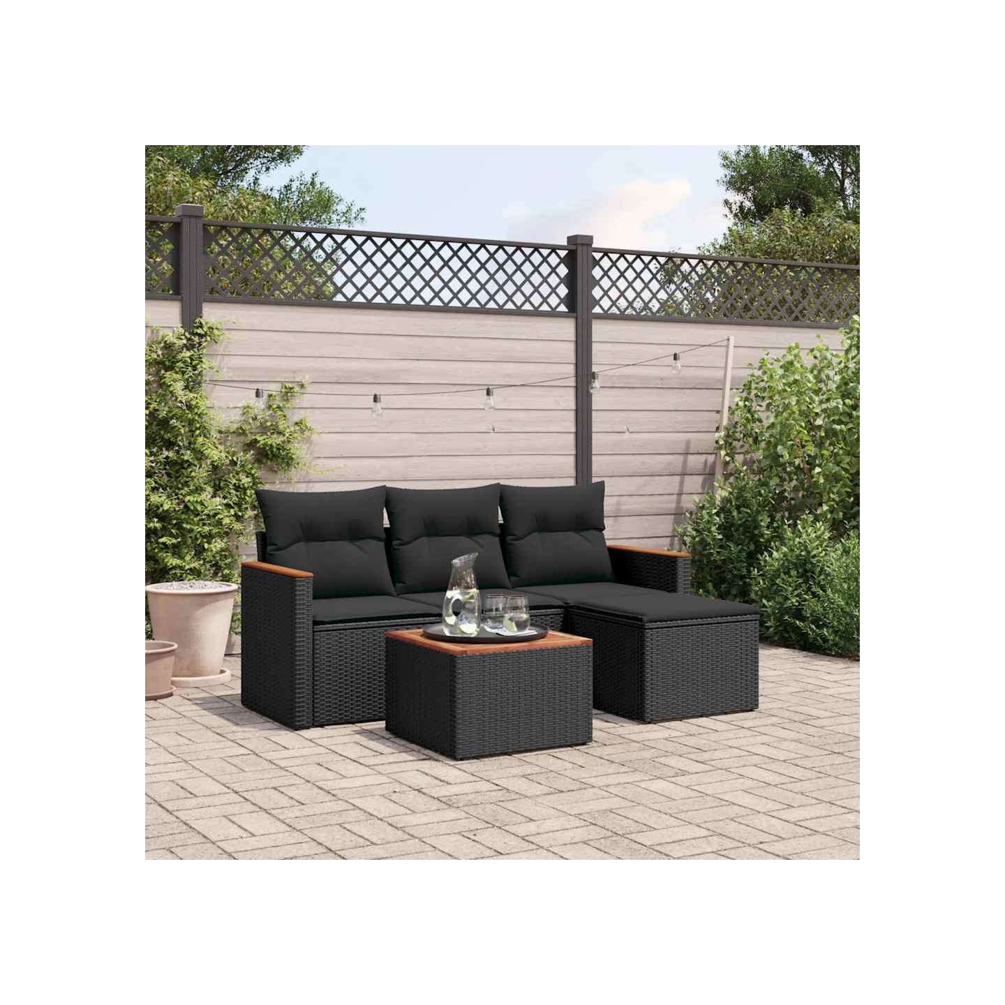 Salon de jardin 5 pcs avec coussins noir résine tressée