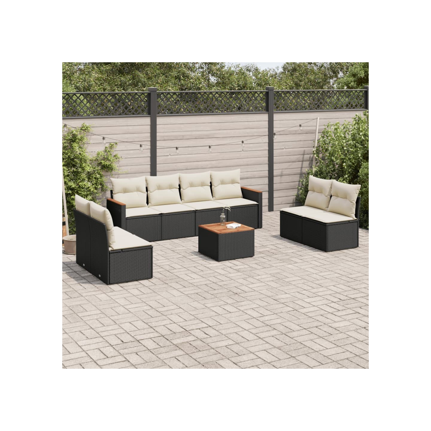 Salon de jardin 9 pcs avec coussins noir résine tressée