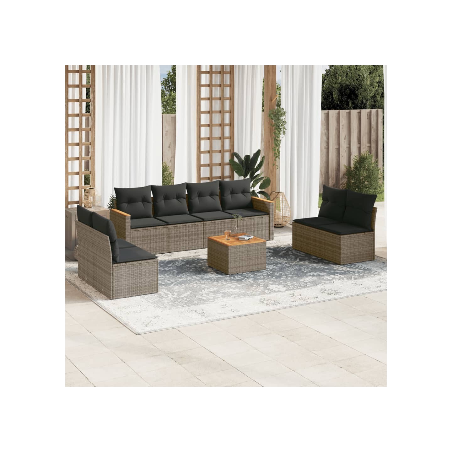 Salon de jardin 9 pcs avec coussins gris résine tressée