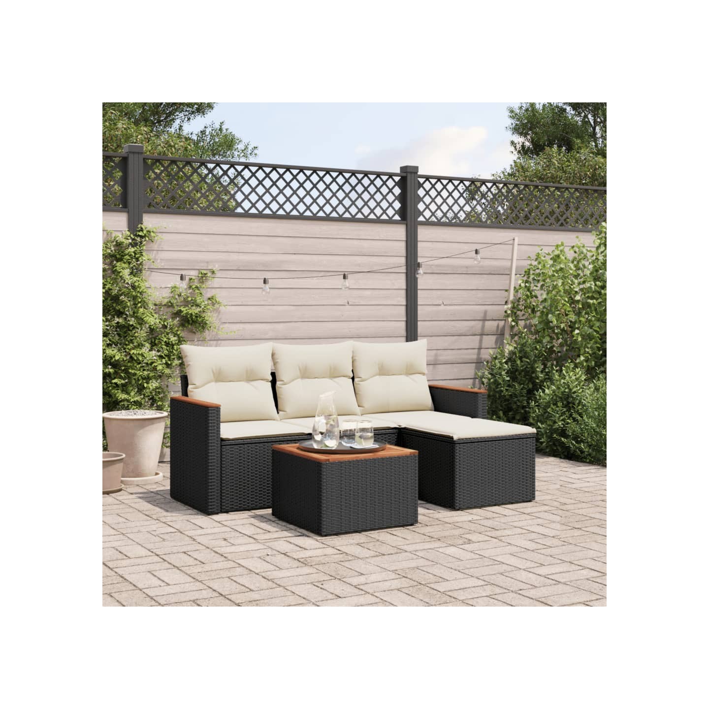 Salon de jardin 5 pcs avec coussins noir résine tressée