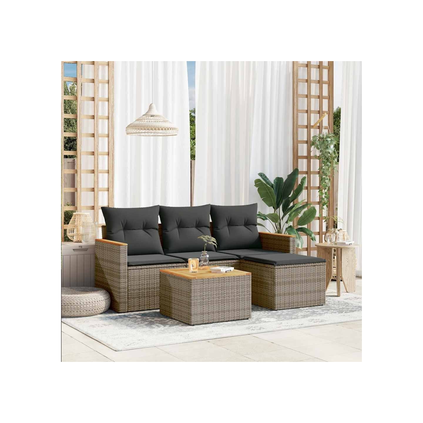 Salon de jardin 5 pcs avec coussins gris résine tressée