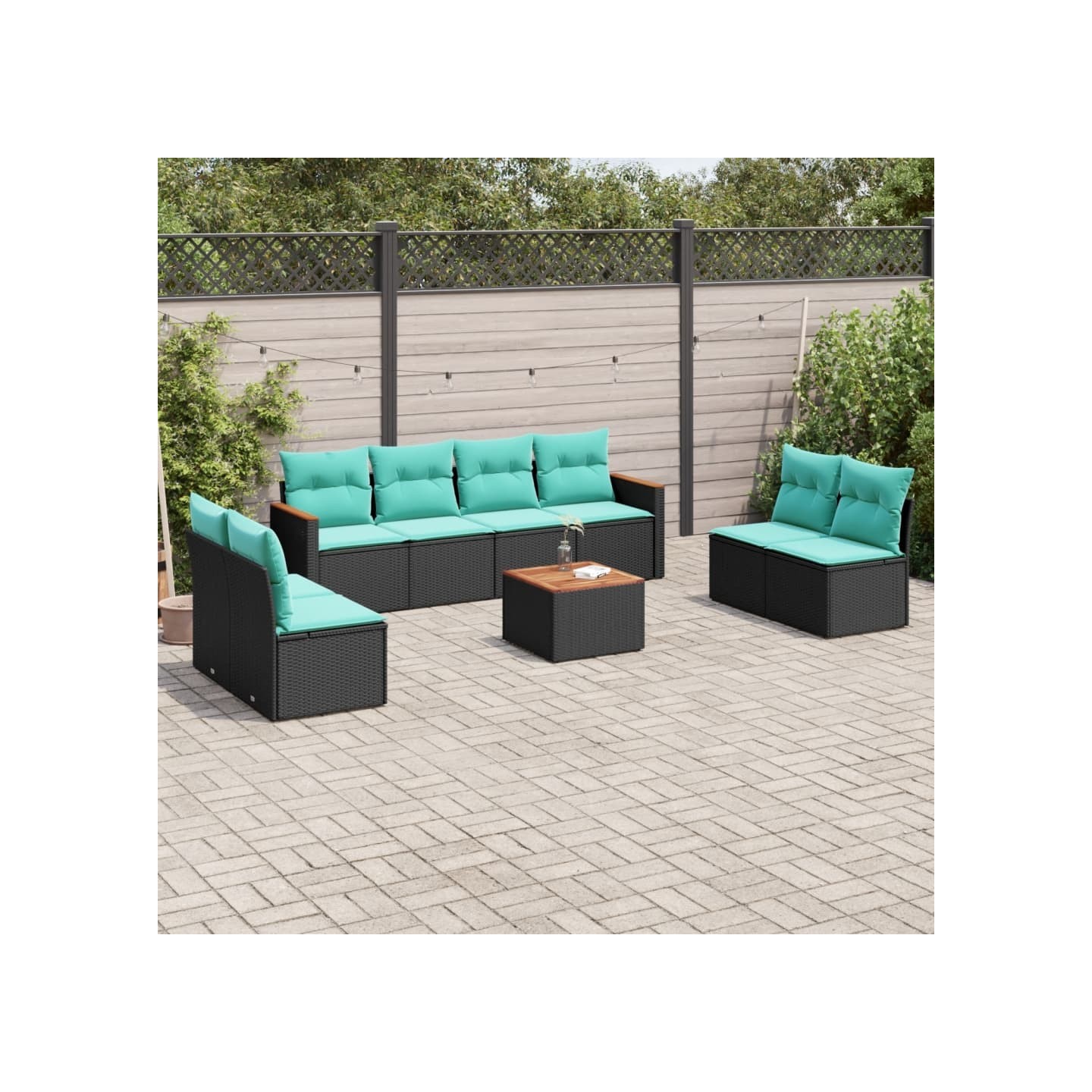 Ensemble de canapé de jardin 9 pcs avec coussins noir résine tressée