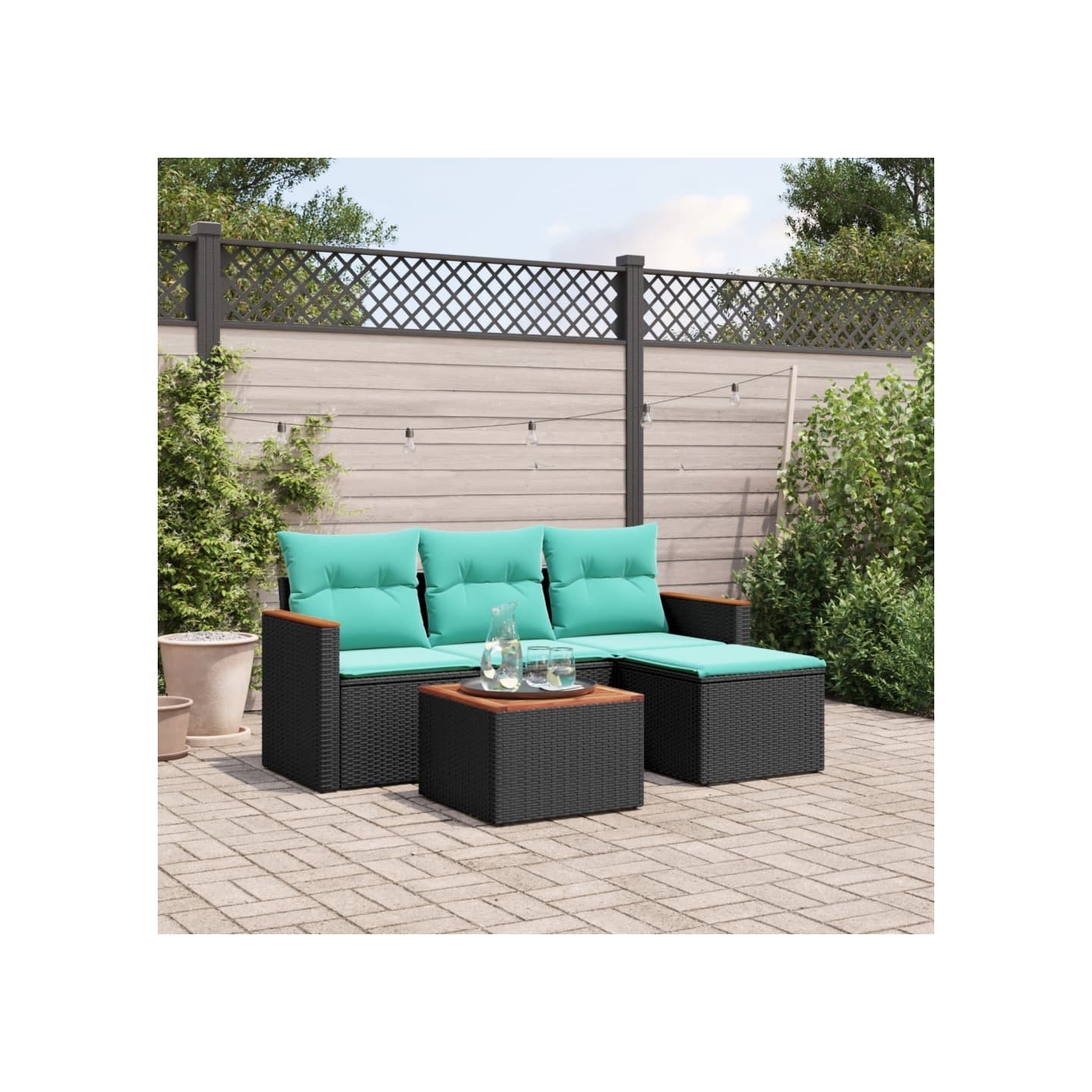 Ensemble de canapé de jardin 5 pcs avec coussins noir résine tressée