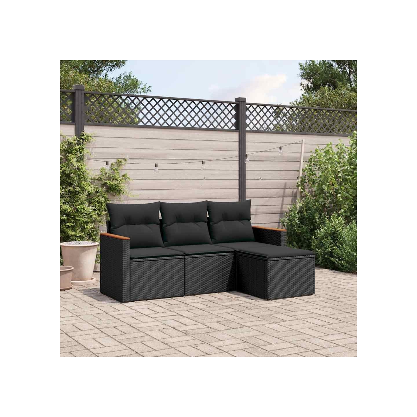 Salon de jardin 4 pcs avec coussins noir résine tressée