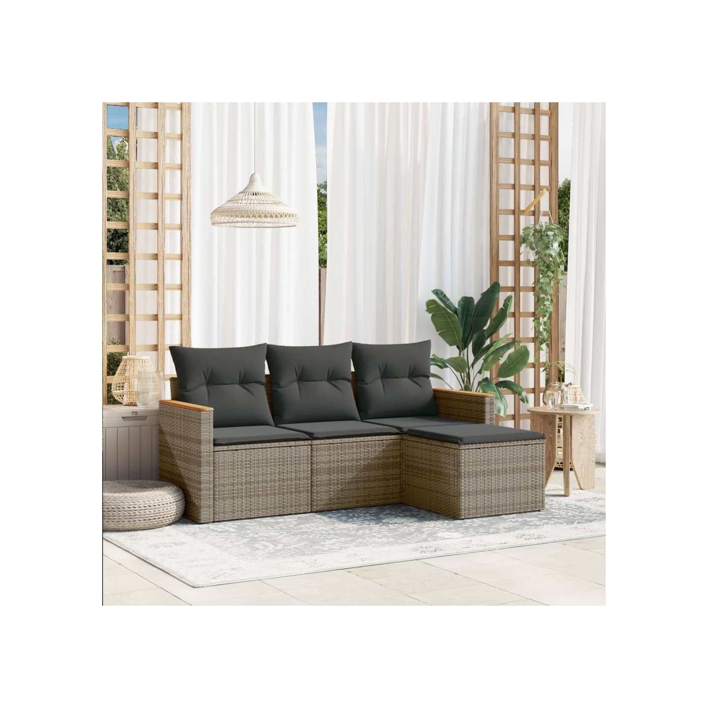 Salon de jardin 4 pcs avec coussins gris résine tressée