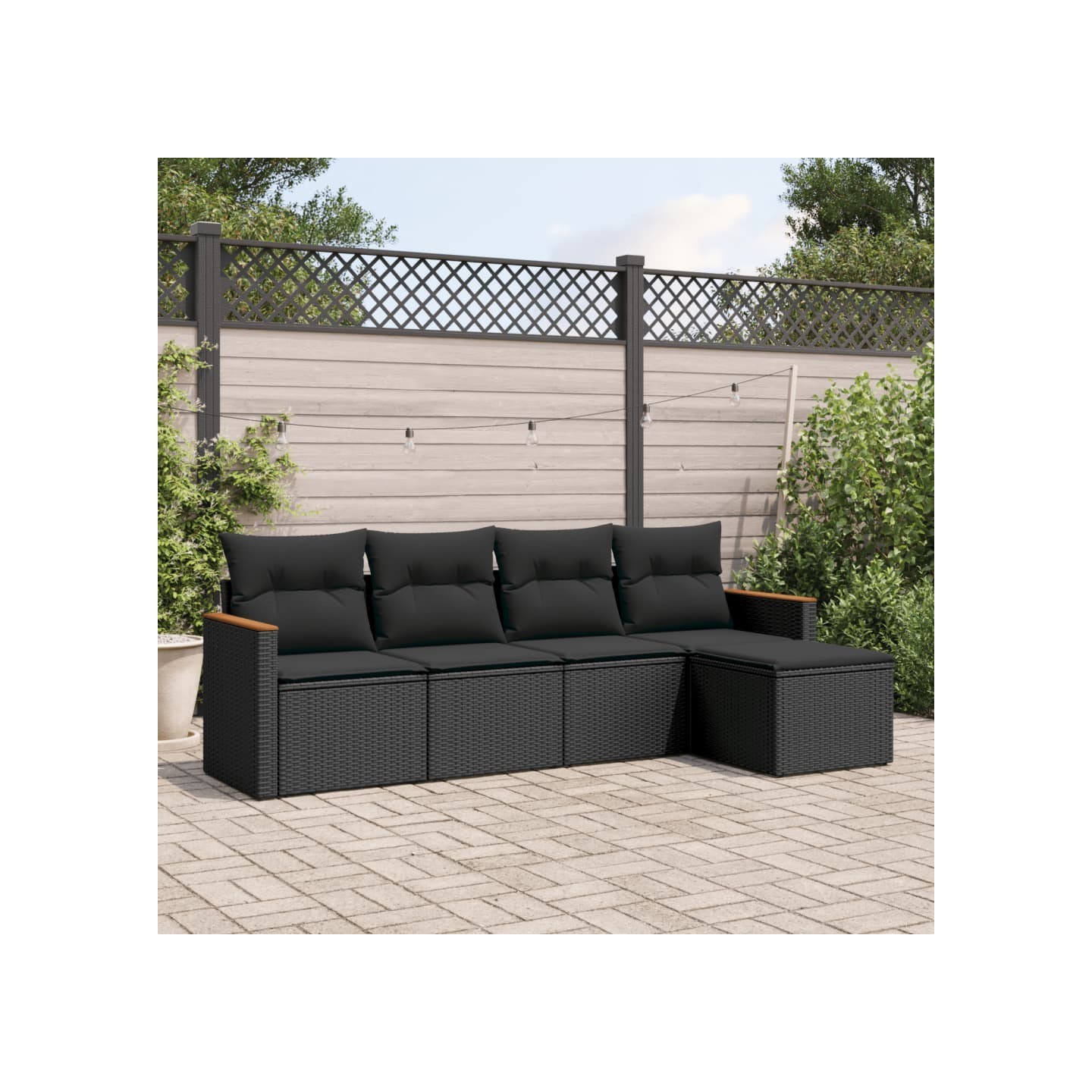 Salon de jardin 5 pcs avec coussins noir résine tressée