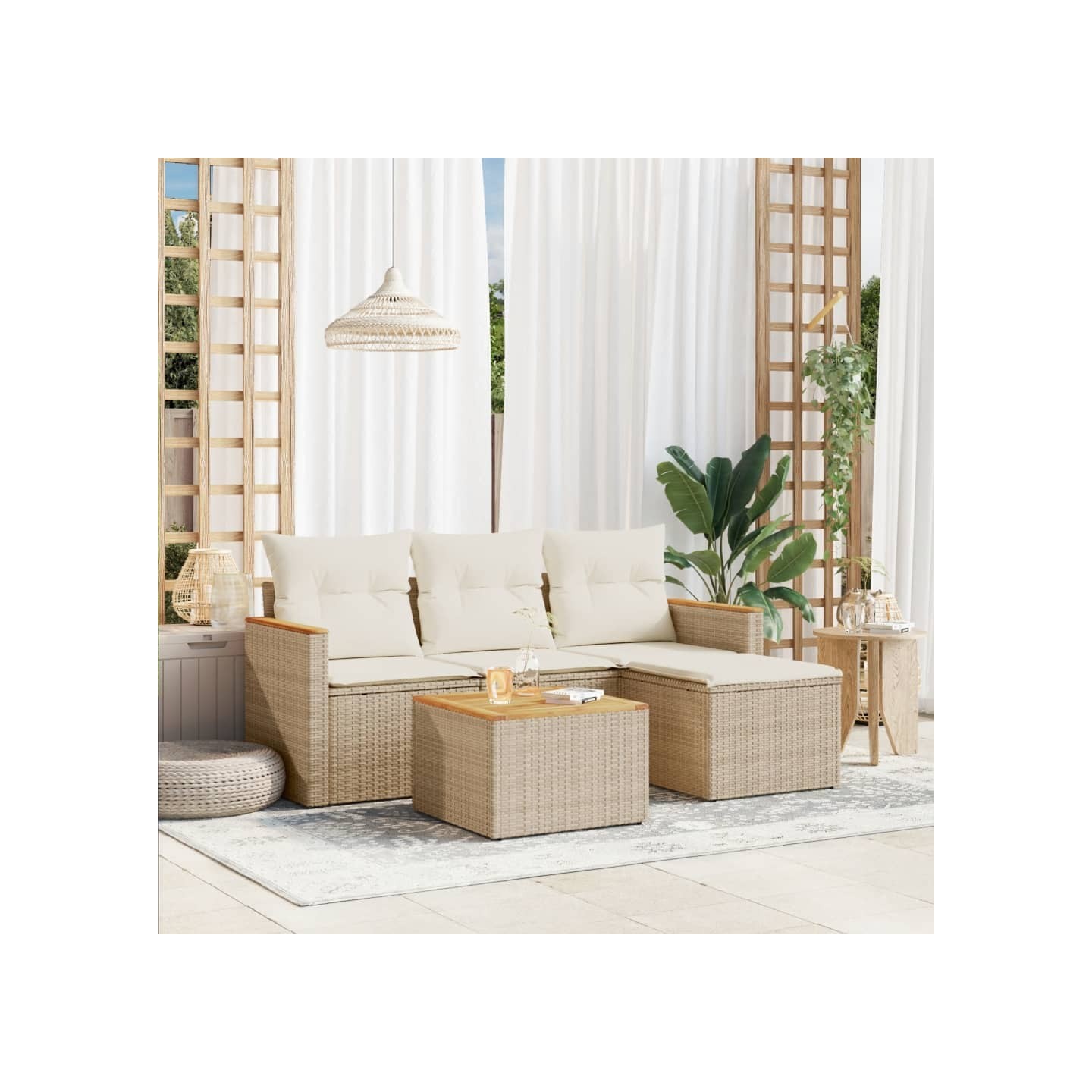 Salon de jardin avec coussins 5 pcs beige résine tressée