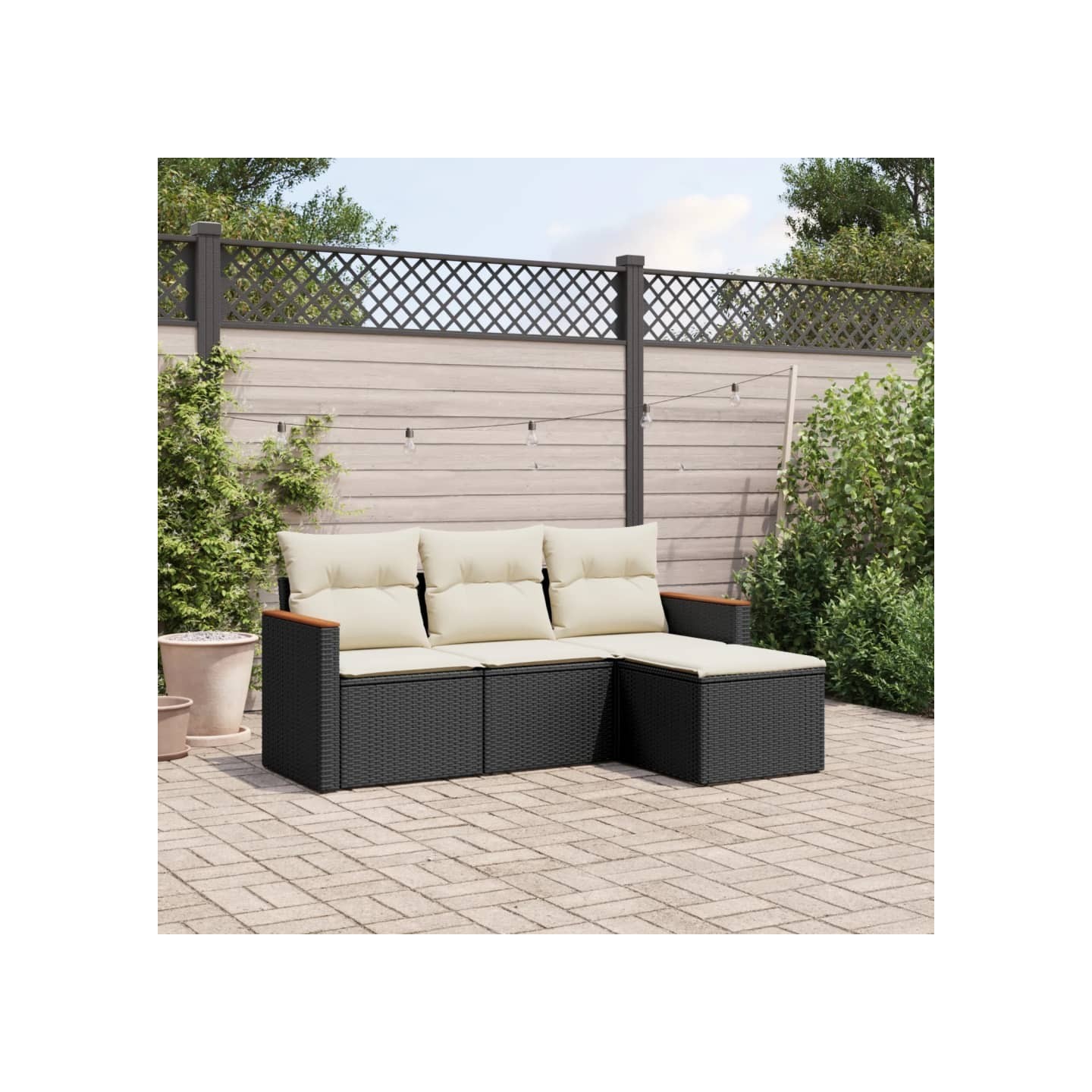 Salon de jardin 4 pcs avec coussins noir résine tressée