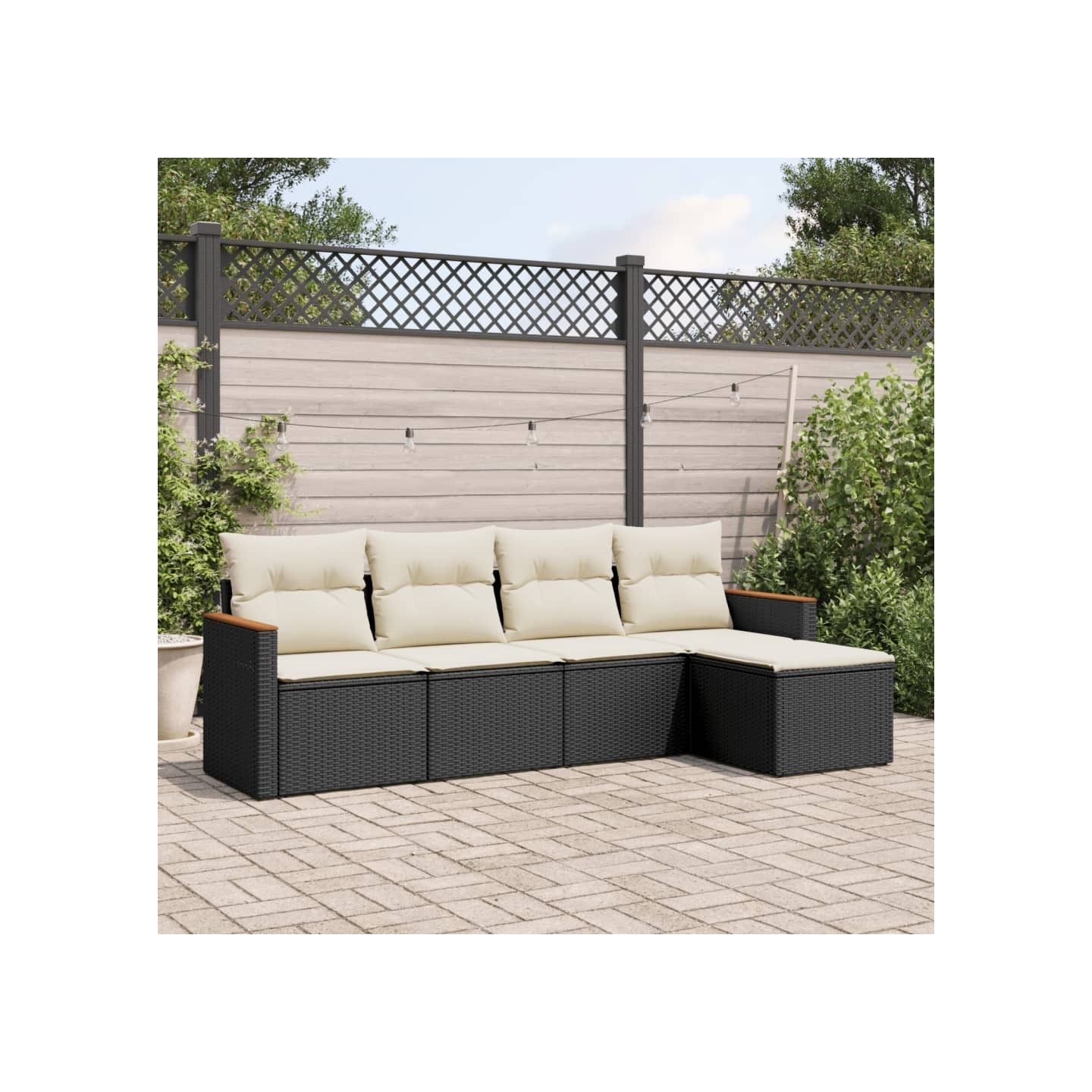 Salon de jardin 5 pcs avec coussins noir résine tressée