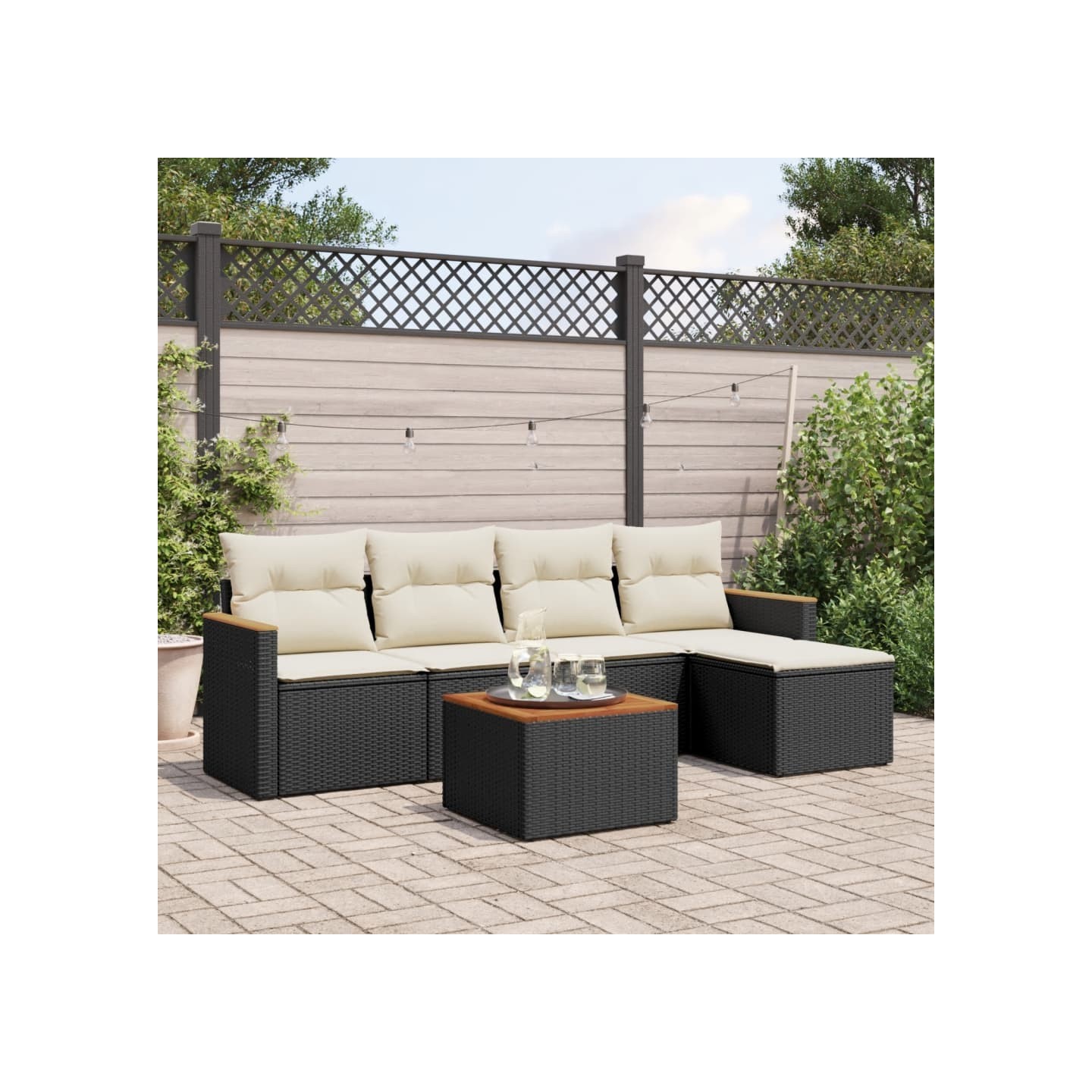 Salon de jardin 6 pcs avec coussins noir résine tressée