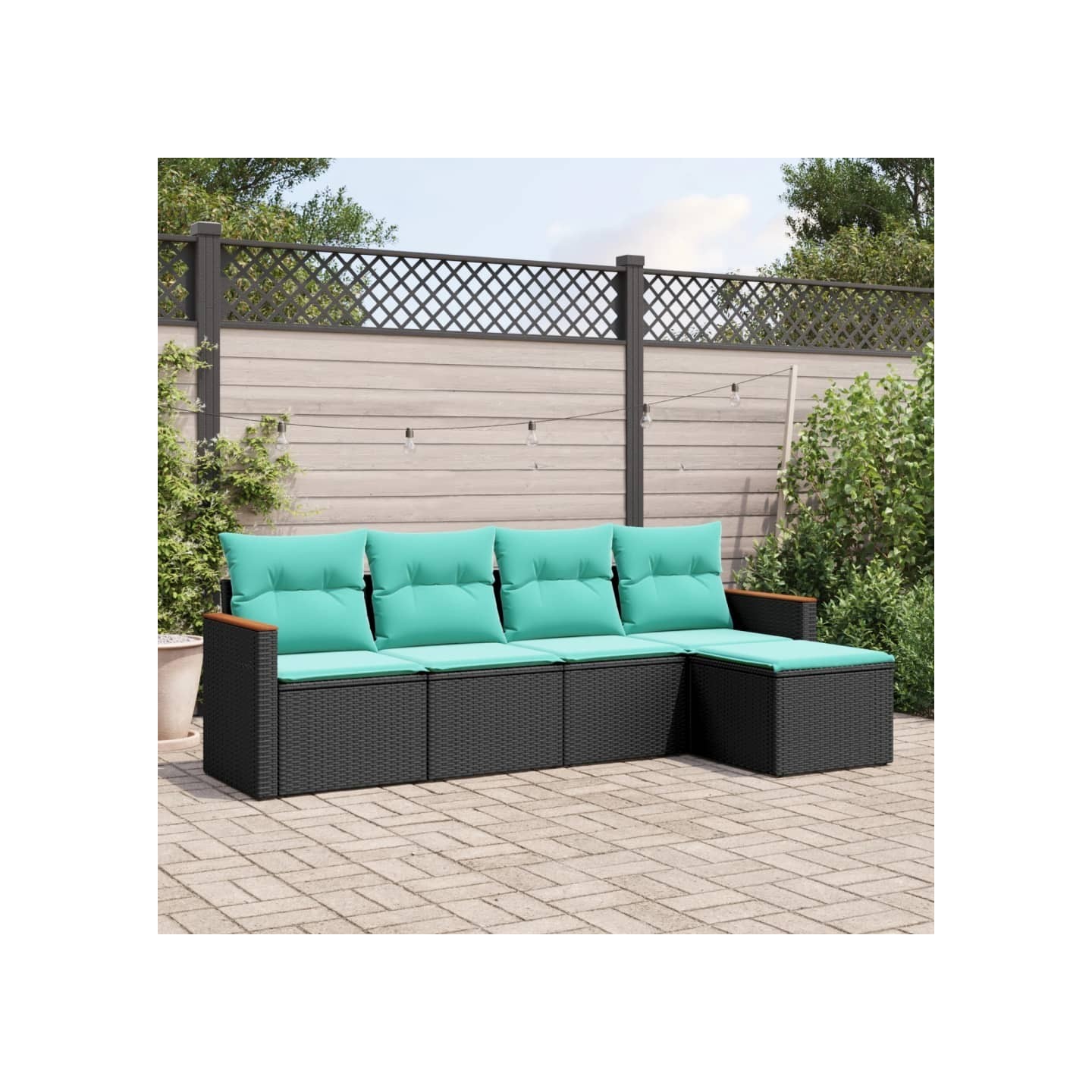 Salon de jardin 5 pcs avec coussins noir résine tressée
