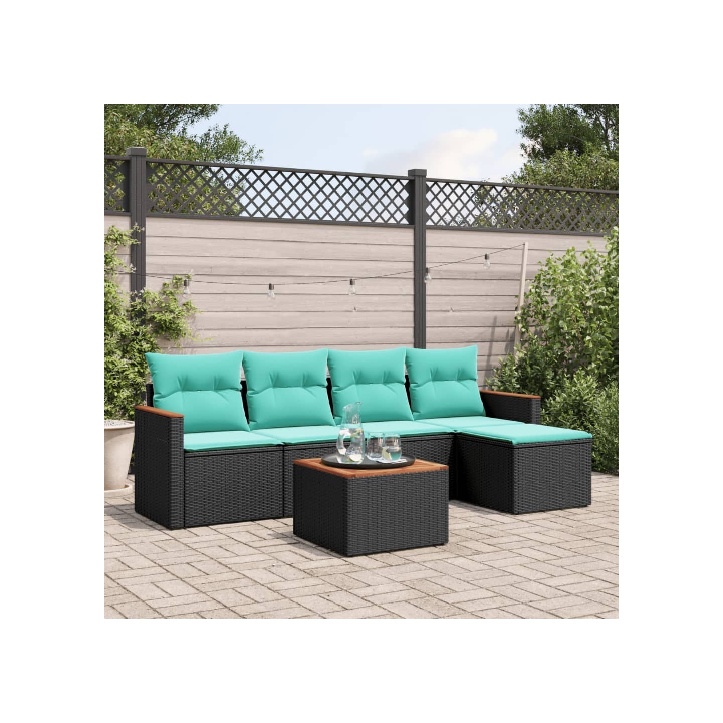 Ensemble de canapé de jardin 6 pcs avec coussins noir résine tressée