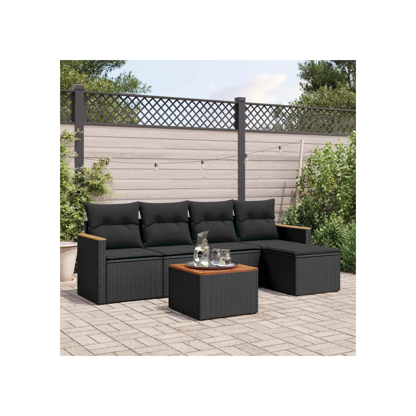 Salon de jardin 6 pcs avec coussins noir résine tressée