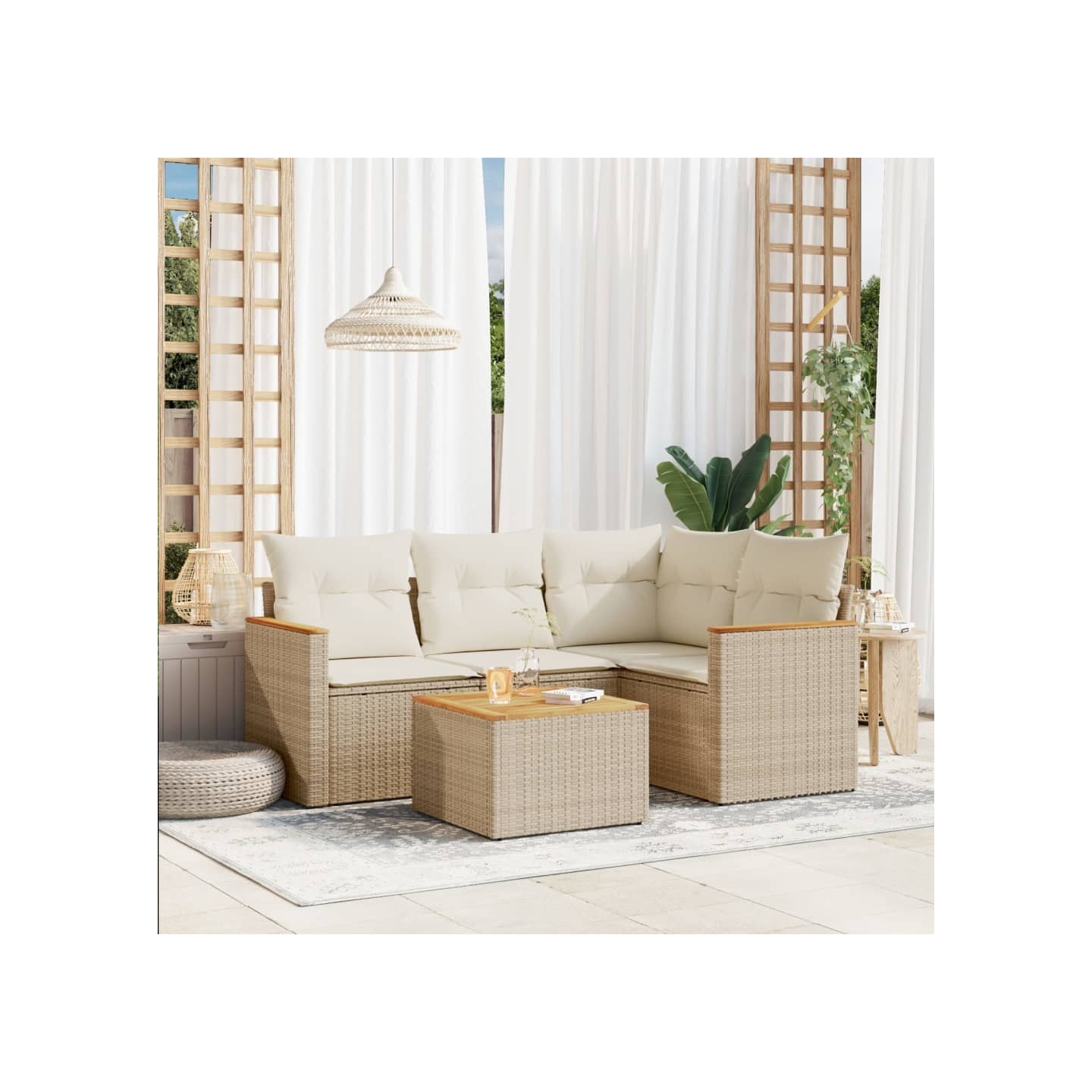 Salon de jardin avec coussins 5 pcs beige résine tressée
