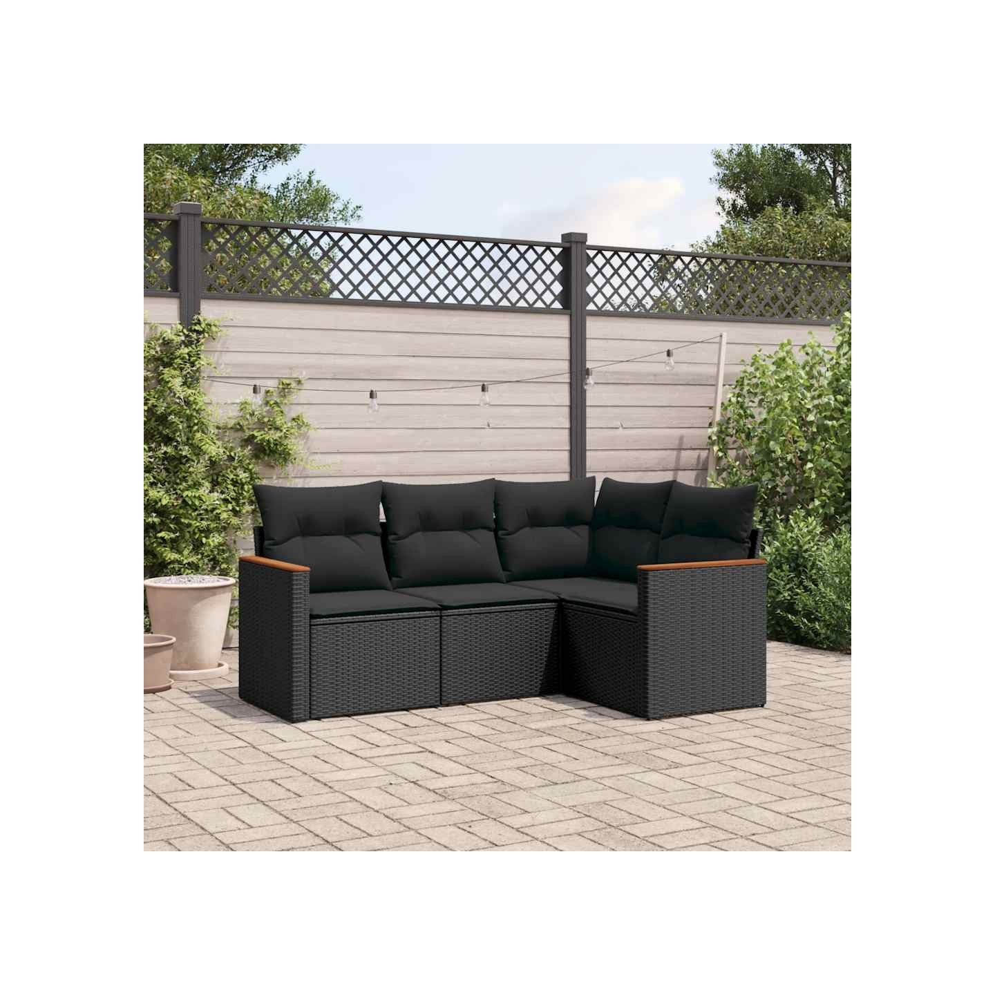 Salon de jardin 4 pcs avec coussins noir résine tressée