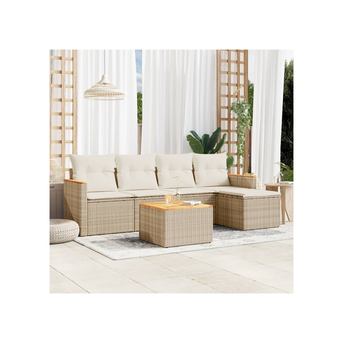 Salon de jardin avec coussins 6 pcs beige résine tressée
