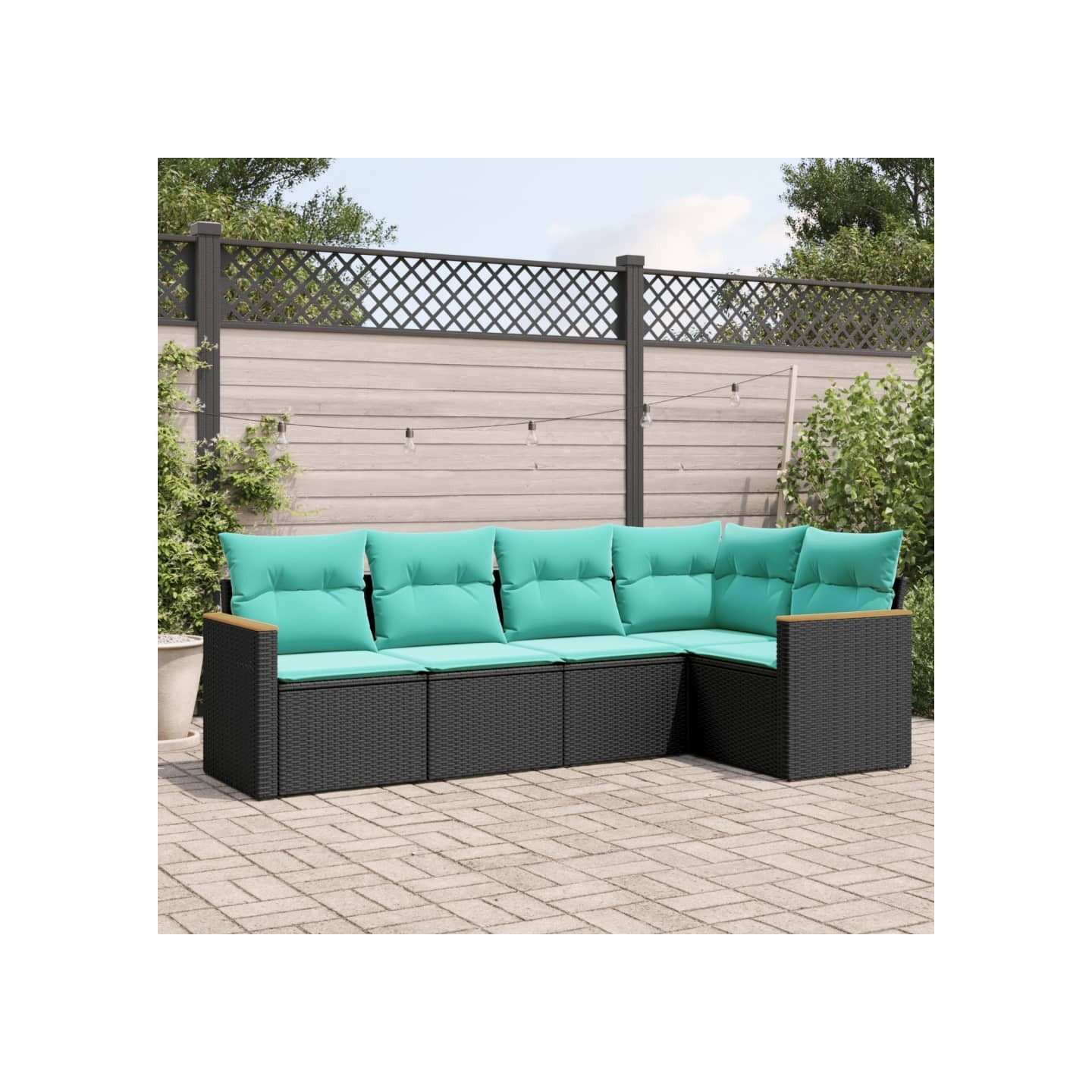 Salon de jardin 5 pcs avec coussins noir résine tressée