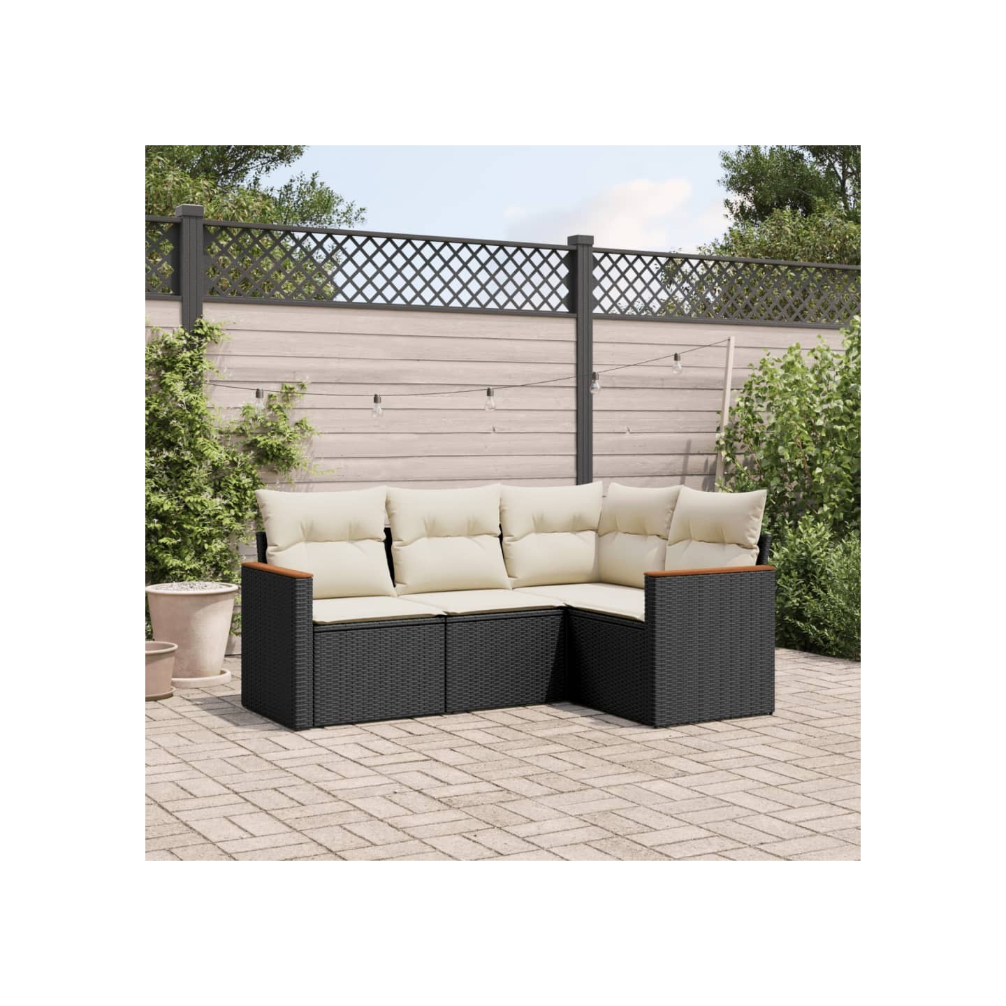Salon de jardin 4 pcs avec coussins noir résine tressée