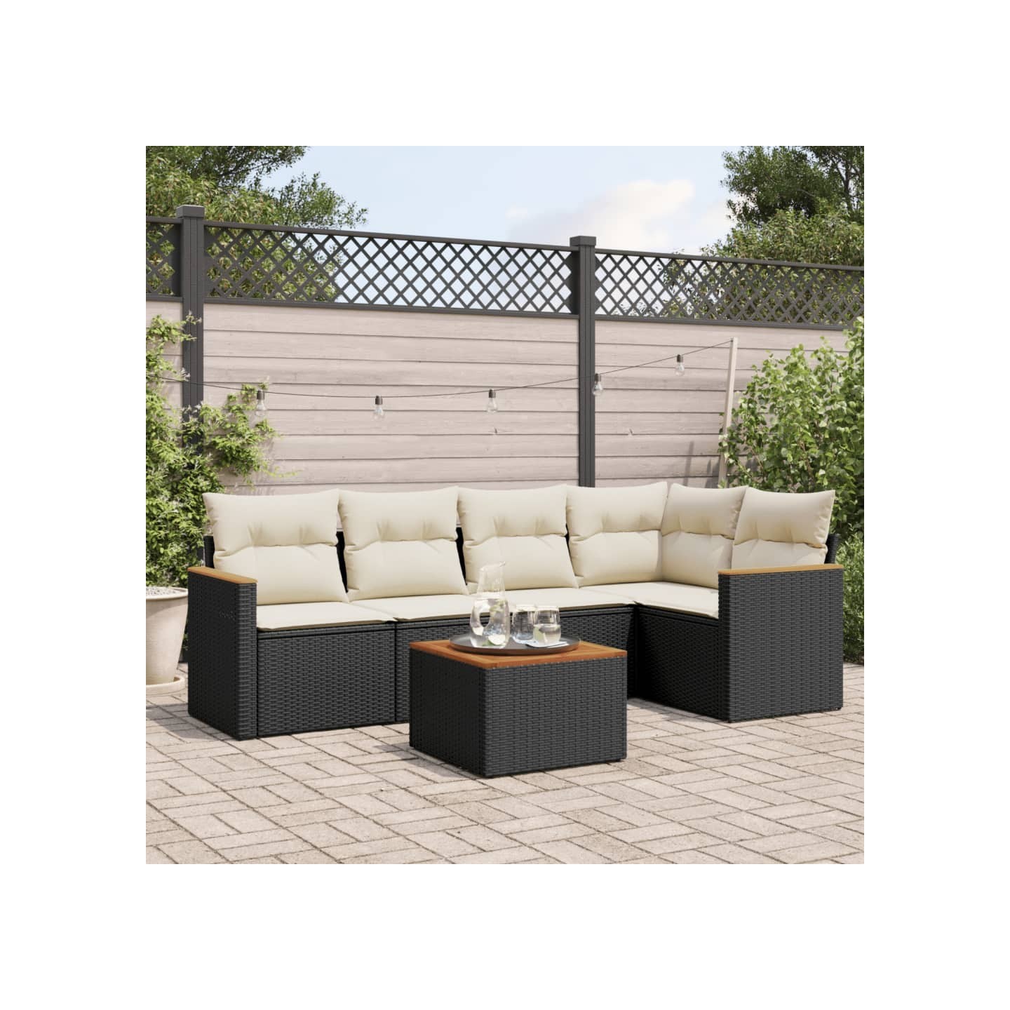 Salon de jardin 6 pcs avec coussins noir résine tressée