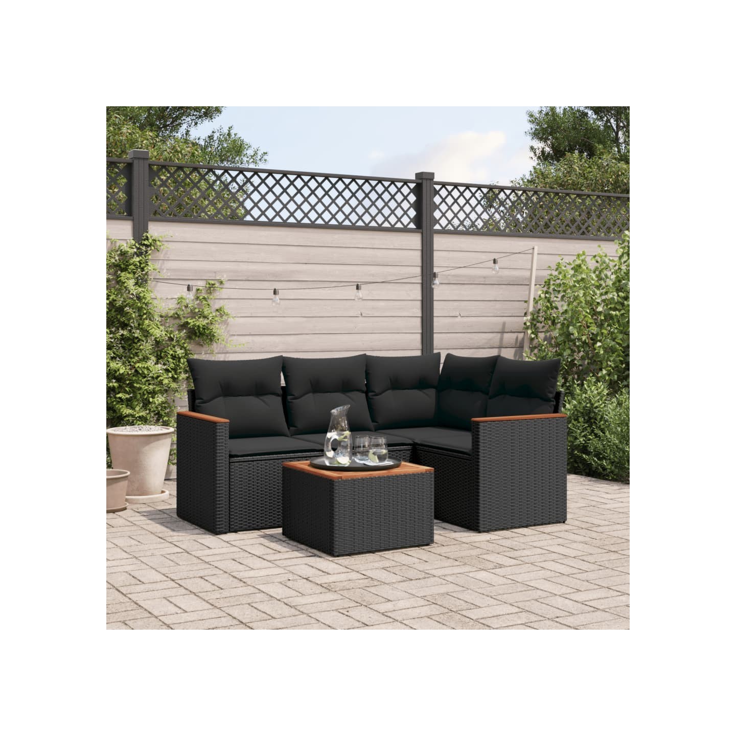 Salon de jardin 5 pcs avec coussins noir résine tressée