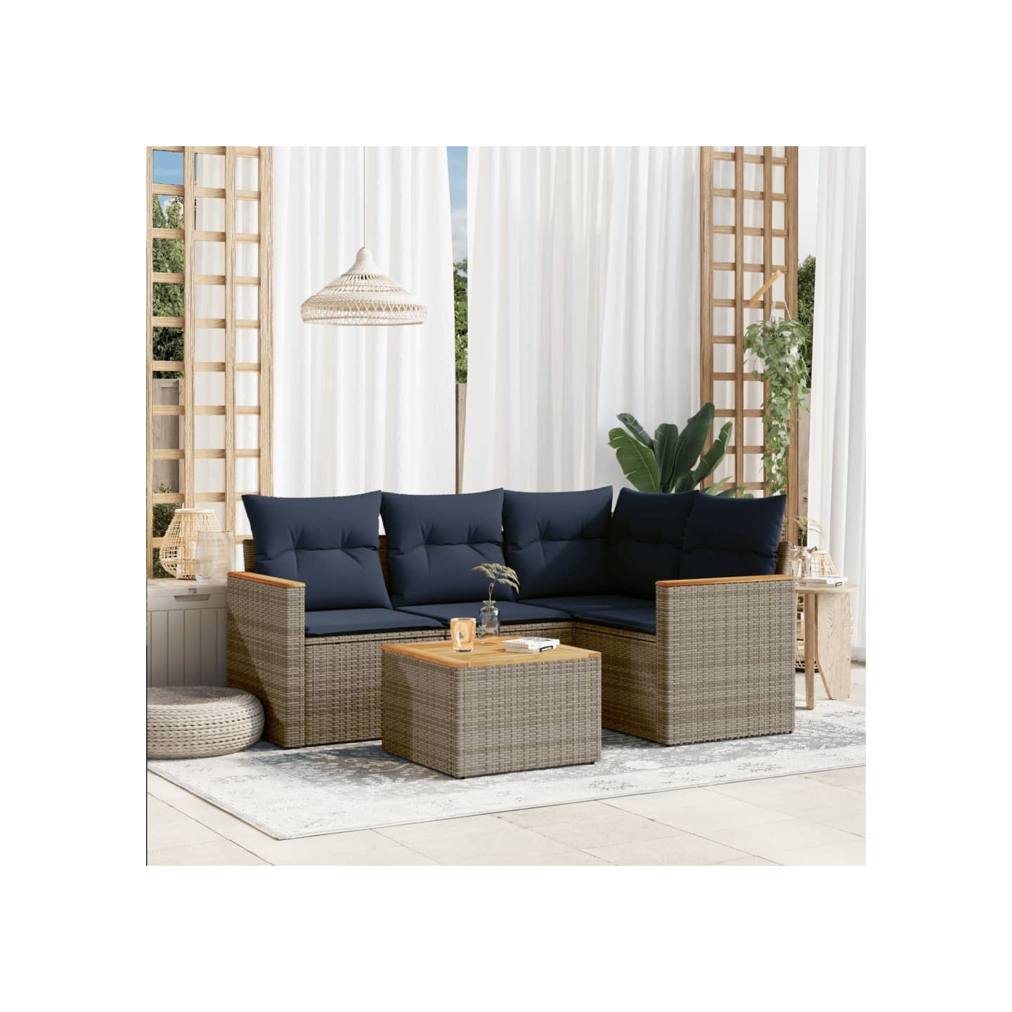 Ensemble de canapé de jardin 5 pcs avec coussins gris résine tressée