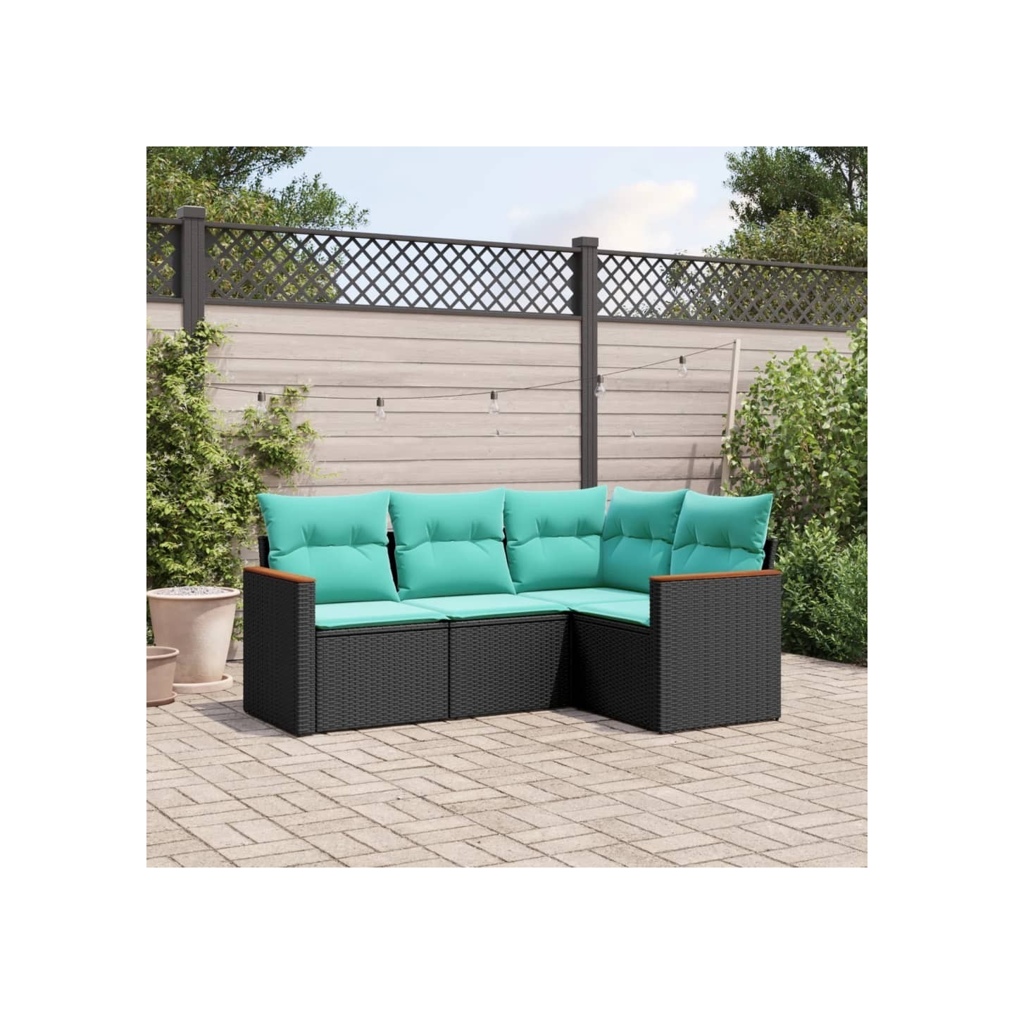 Salon de jardin 4 pcs avec coussins noir résine tressée