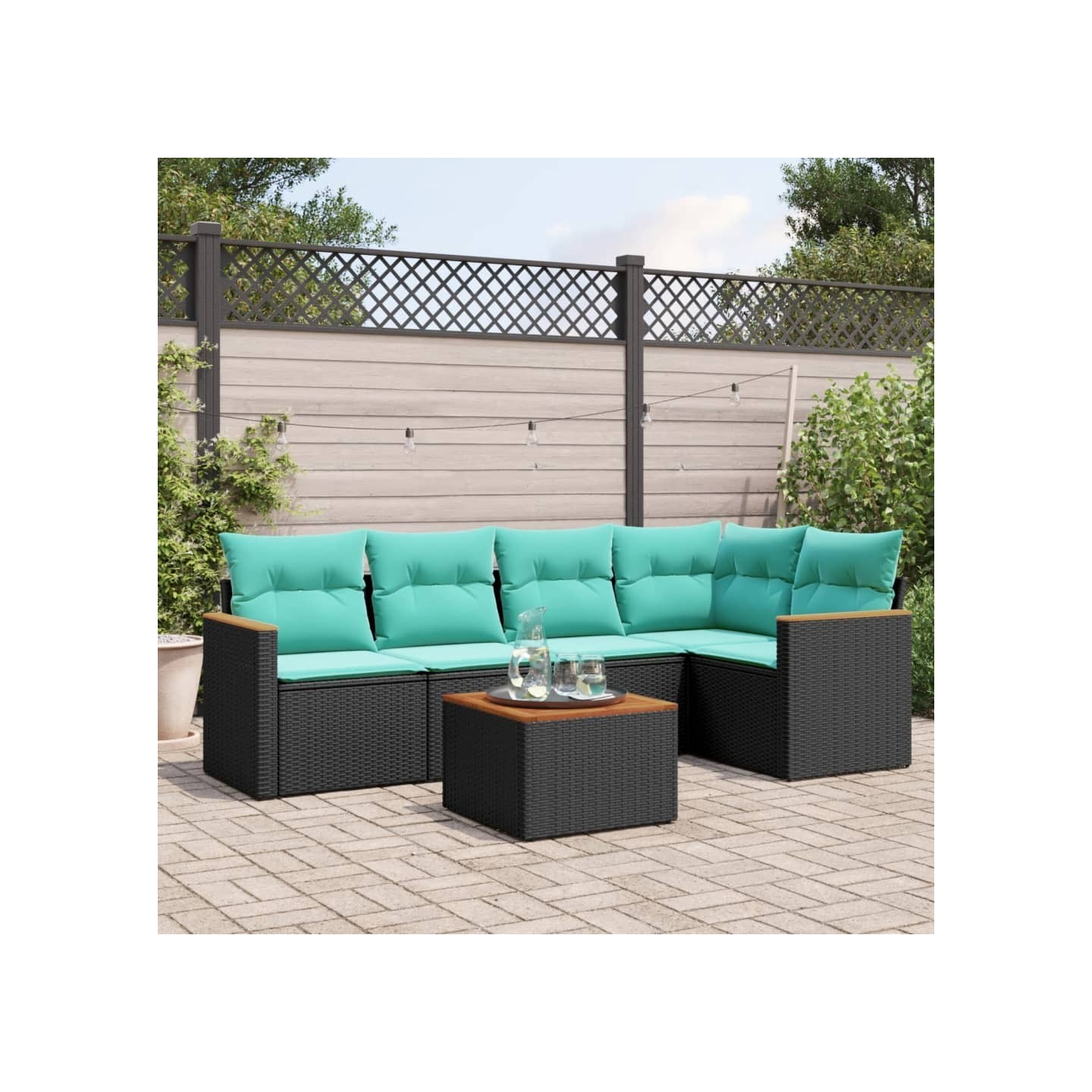 Ensemble de canapé de jardin 6 pcs avec coussins noir résine tressée