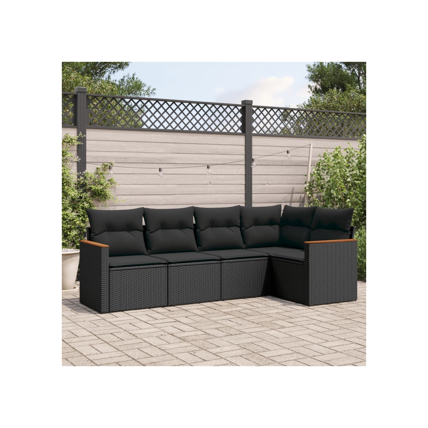 Salon de jardin 5 pcs avec coussins noir résine tressée