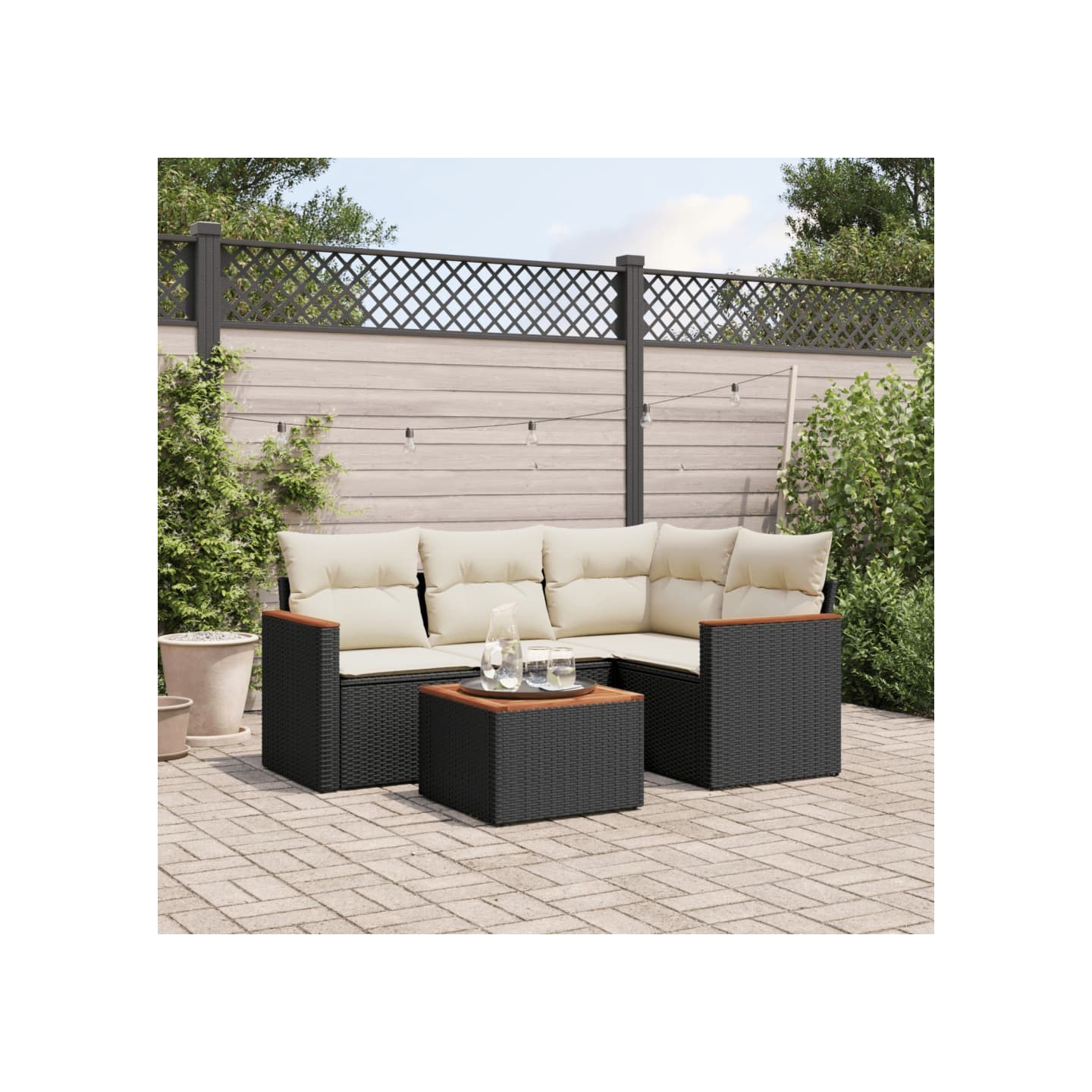 Salon de jardin 5 pcs avec coussins noir résine tressée