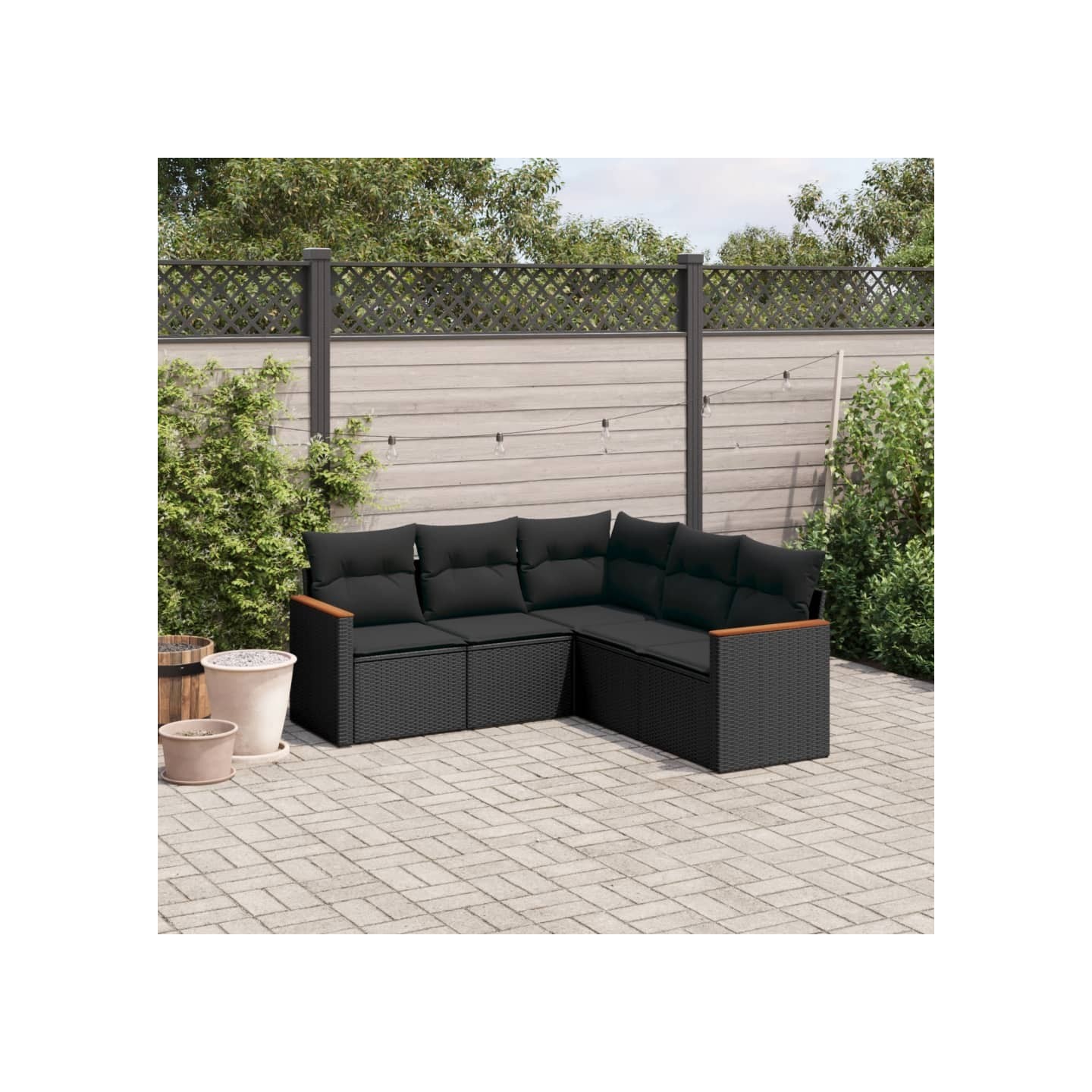 Salon de jardin 5 pcs avec coussins noir résine tressée