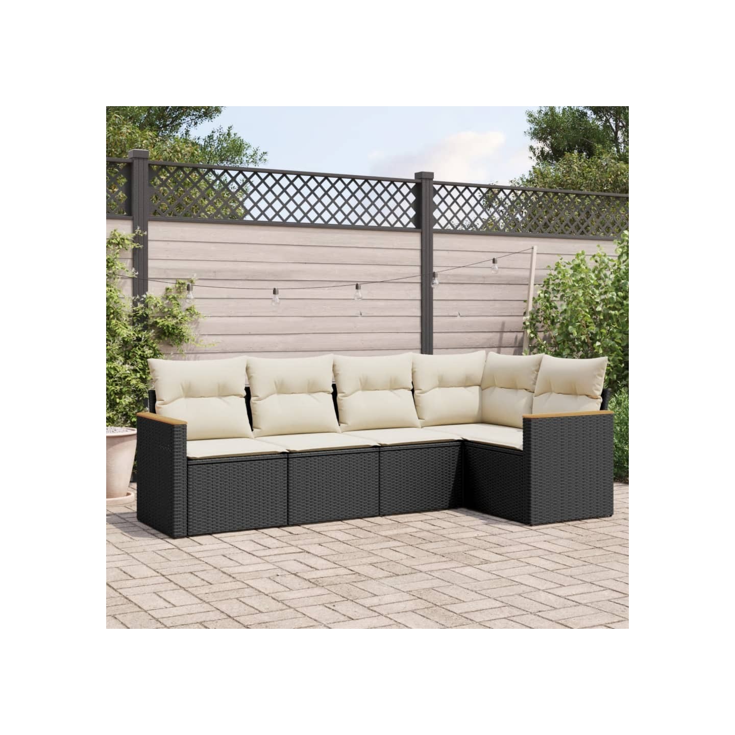 Salon de jardin 5 pcs avec coussins noir résine tressée