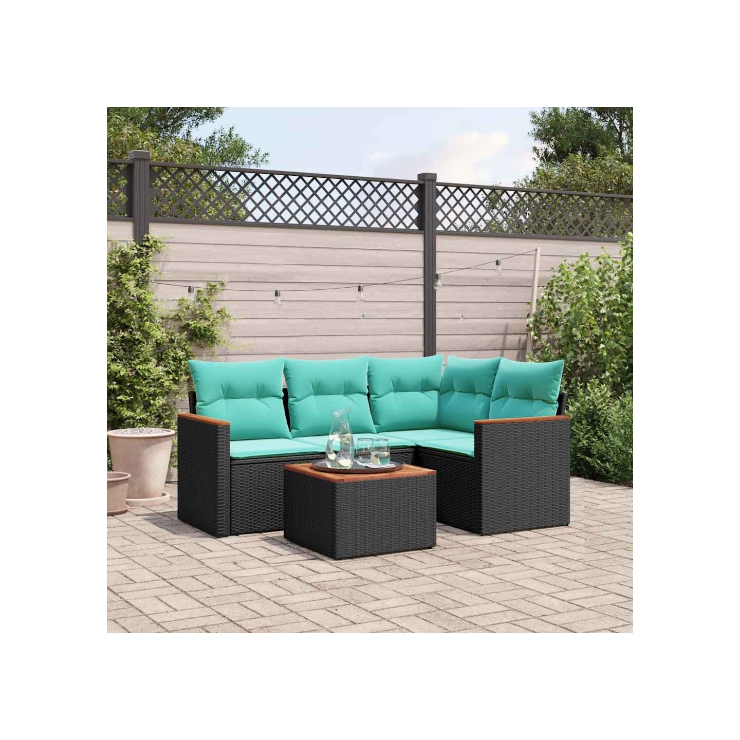 Ensemble de canapé de jardin 5 pcs avec coussins noir résine tressée