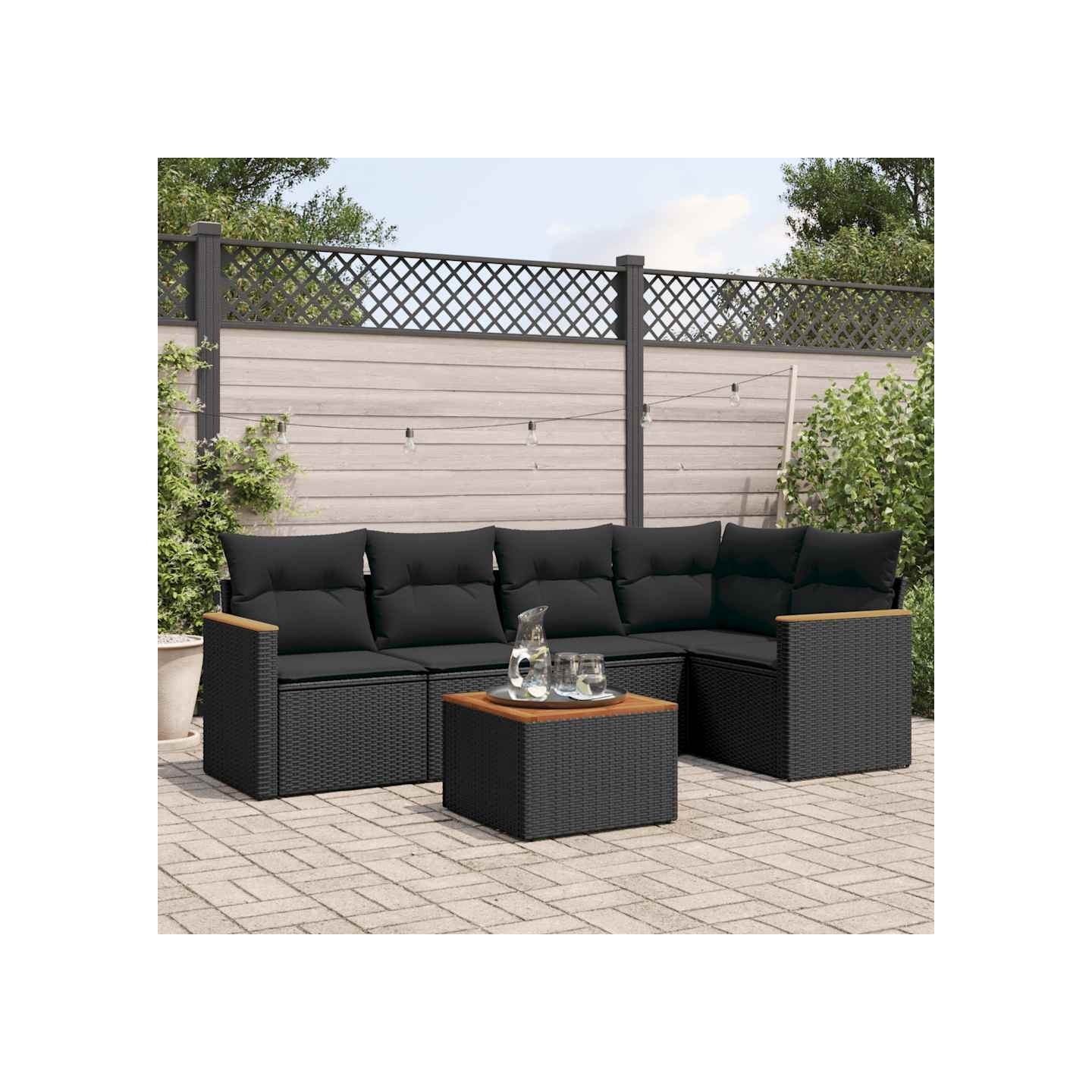 Salon de jardin 6 pcs avec coussins noir résine tressée