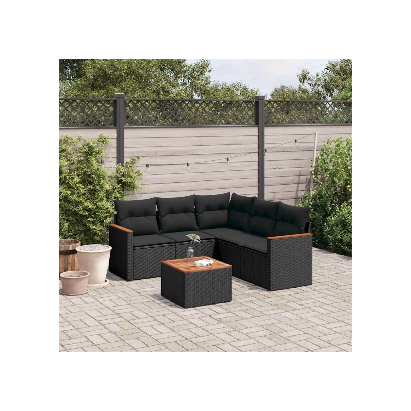 Salon de jardin 6 pcs avec coussins noir résine tressée
