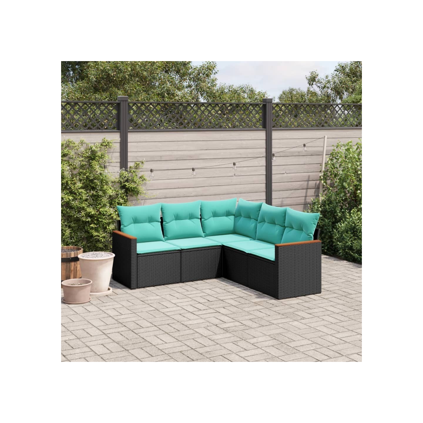 Salon de jardin 5 pcs avec coussins noir résine tressée