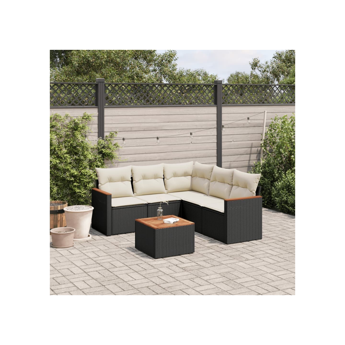 Salon de jardin 6 pcs avec coussins noir résine tressée