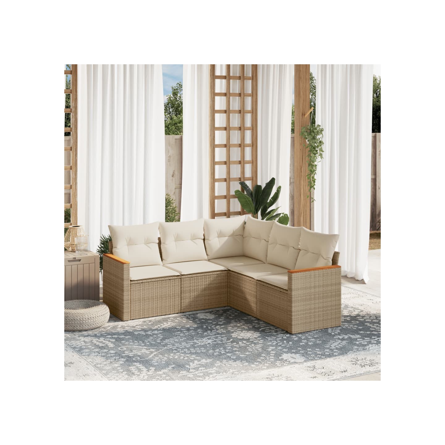 Salon de jardin avec coussins 5 pcs beige résine tressée