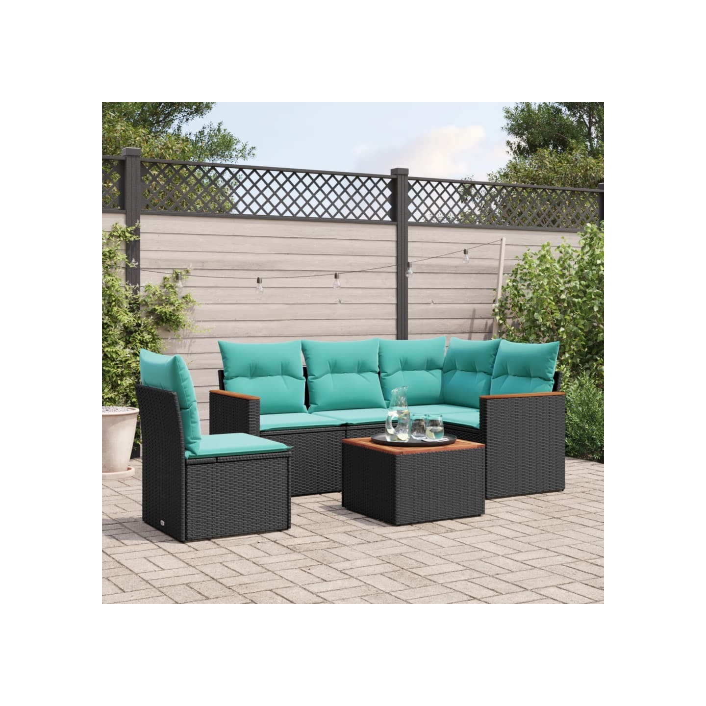 Ensemble de canapé de jardin 6 pcs avec coussins noir résine tressée