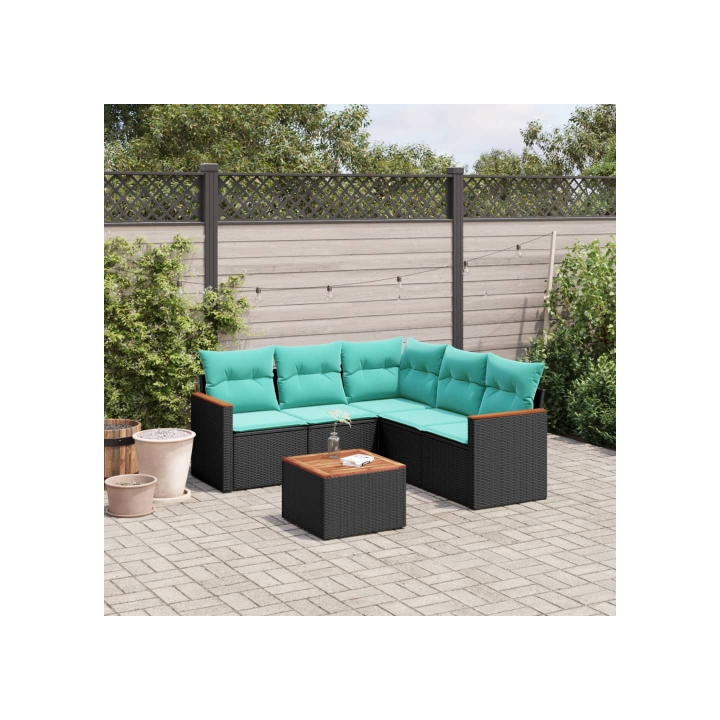 Ensemble de canapé de jardin 6 pcs avec coussins noir résine tressée