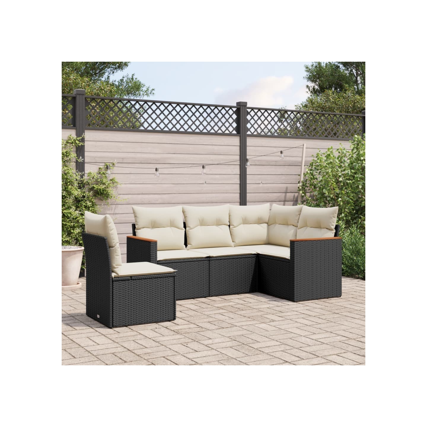 Salon de jardin 5 pcs avec coussins noir résine tressée