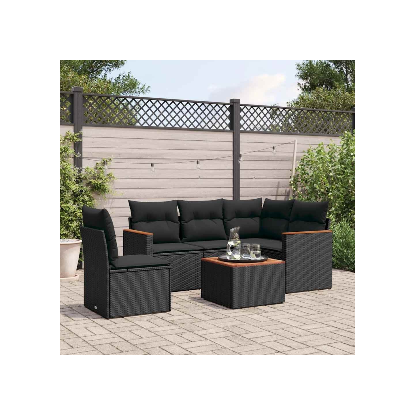 Salon de jardin 6 pcs avec coussins noir résine tressée