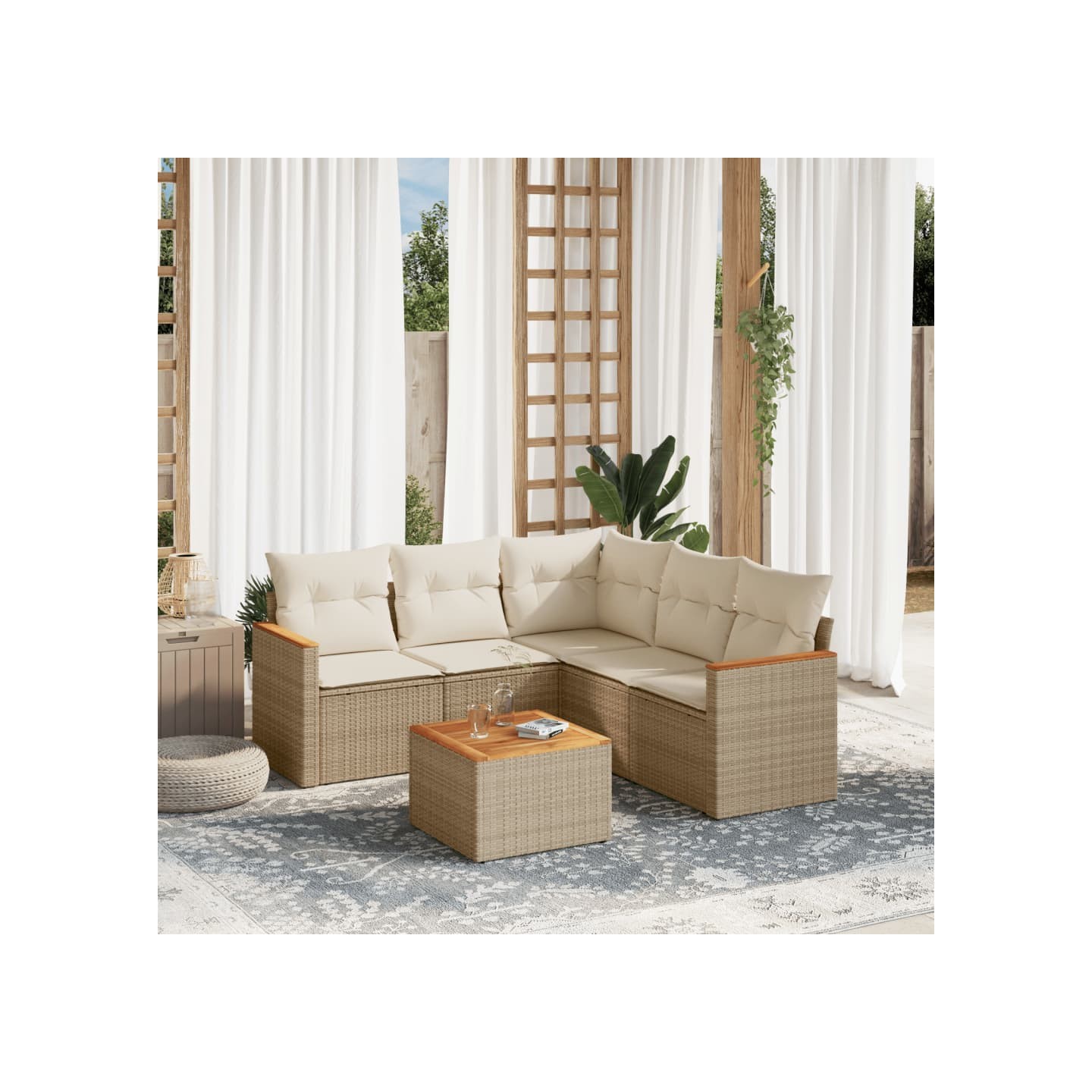 Salon de jardin avec coussins 6 pcs beige résine tressée