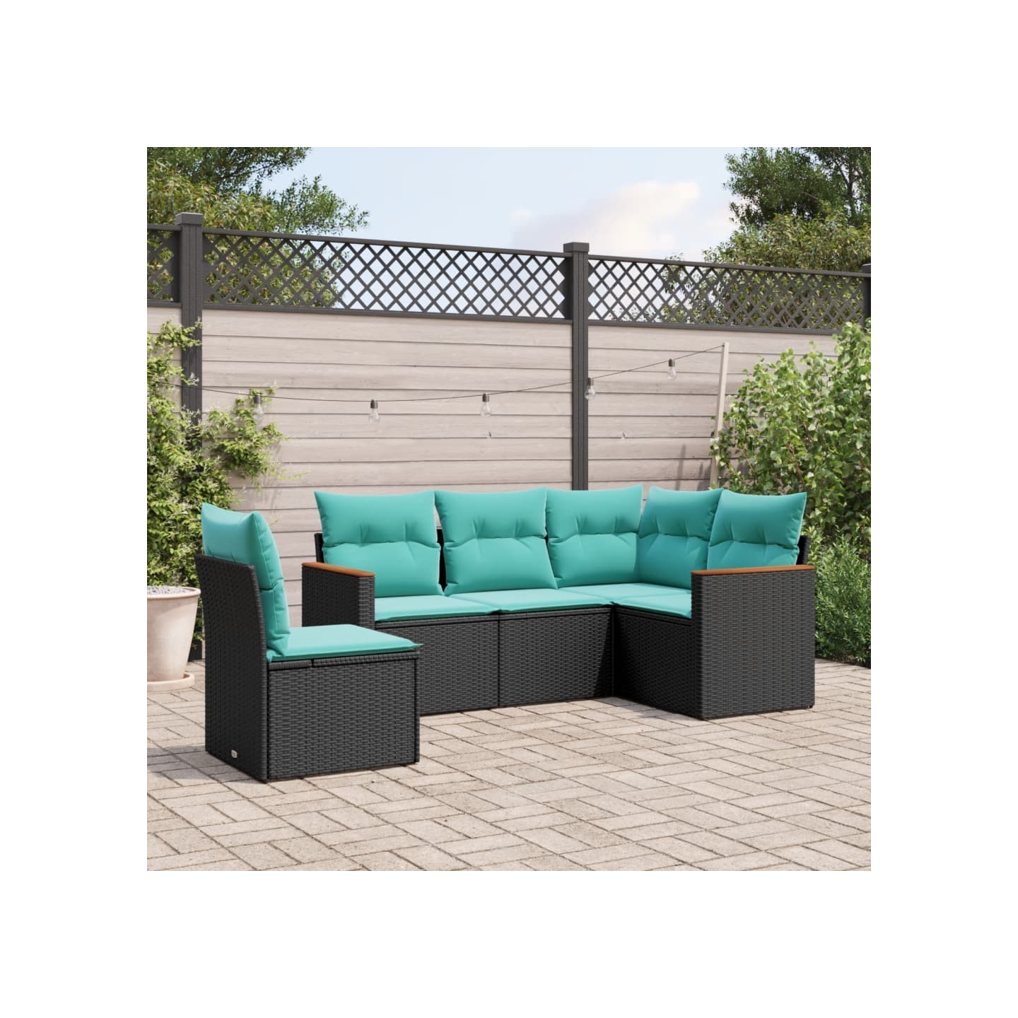 Salon de jardin 5 pcs avec coussins noir résine tressée